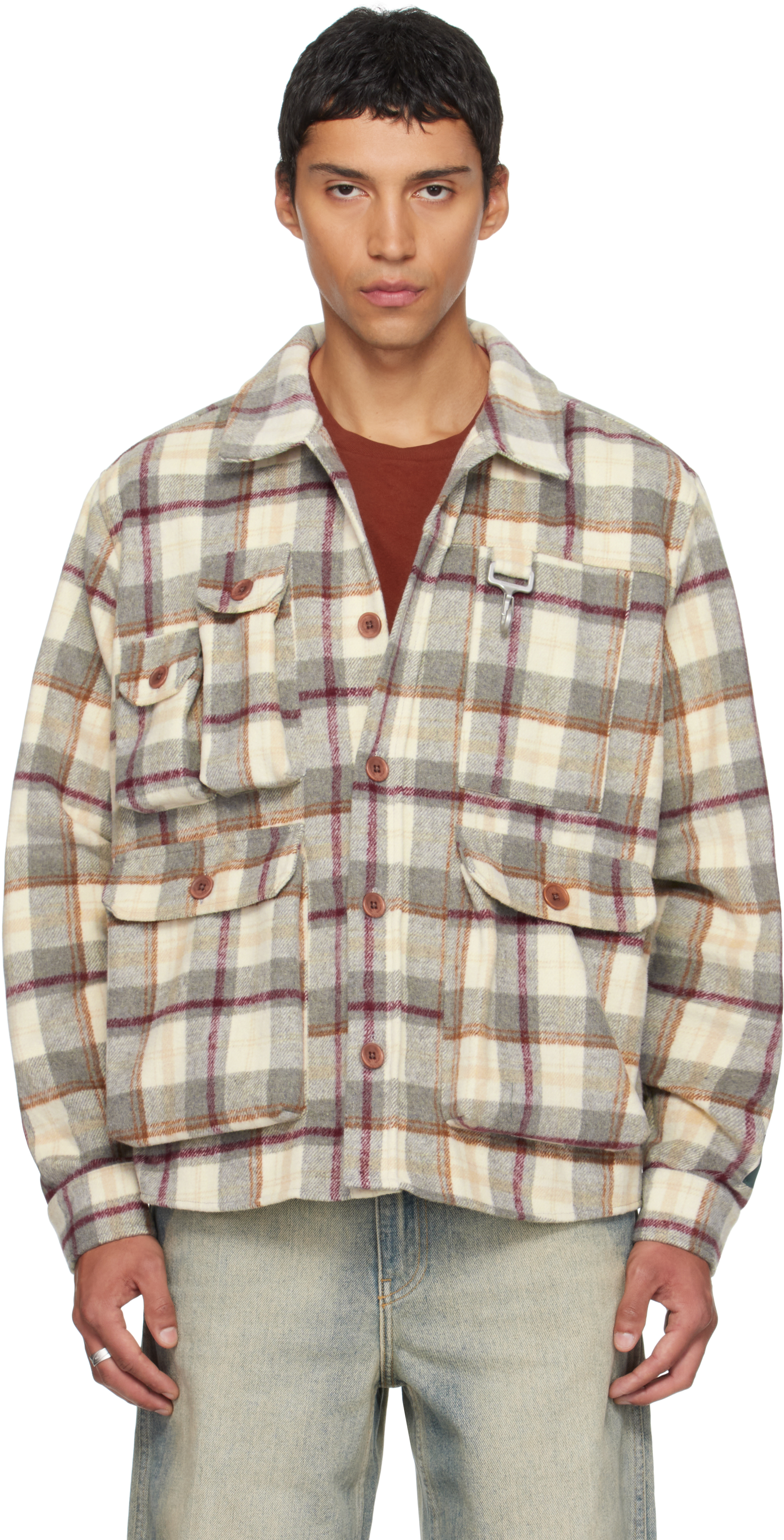 Reese Cooper Gray & Beige Milled Flannel Cargo Button Down Shirt In Gray
