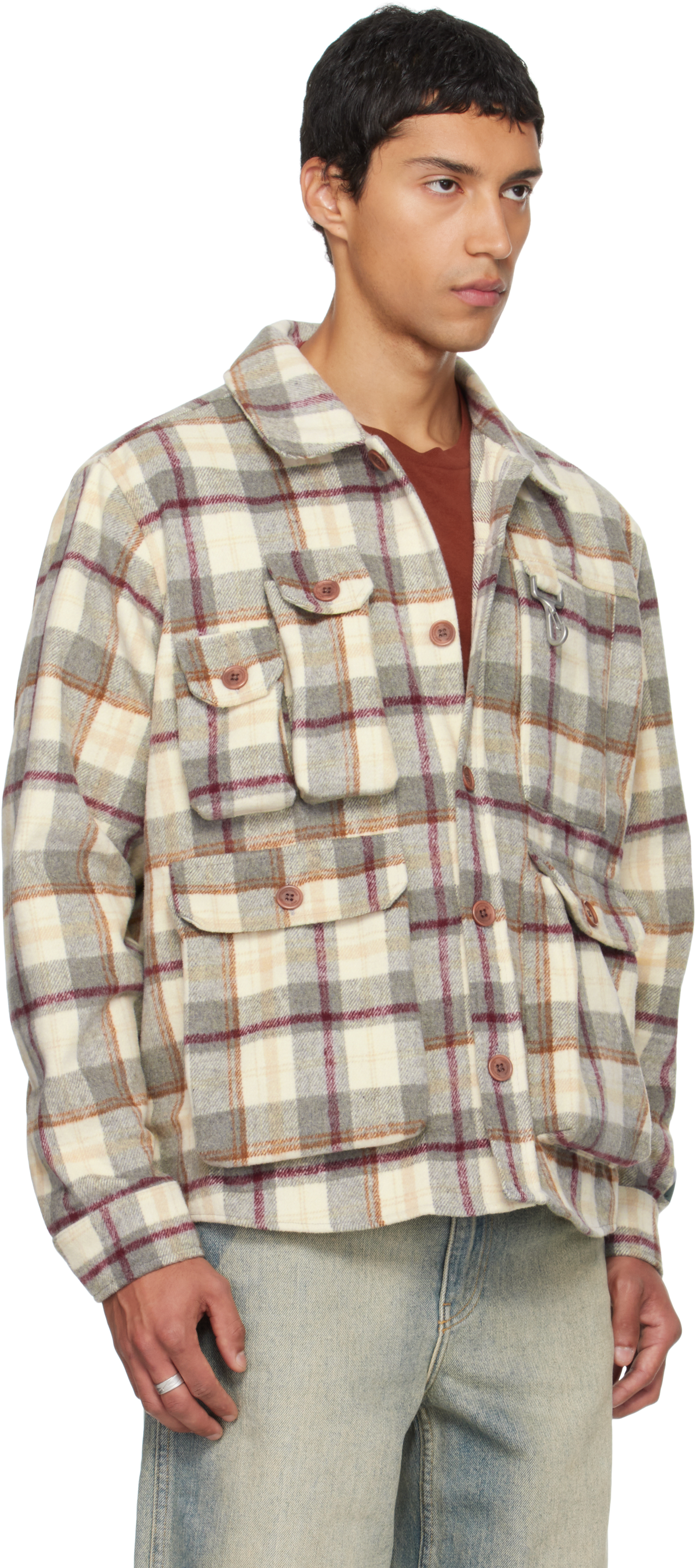 Reese Cooper Gray & Beige Milled Flannel Cargo Button Down Shirt In Gray