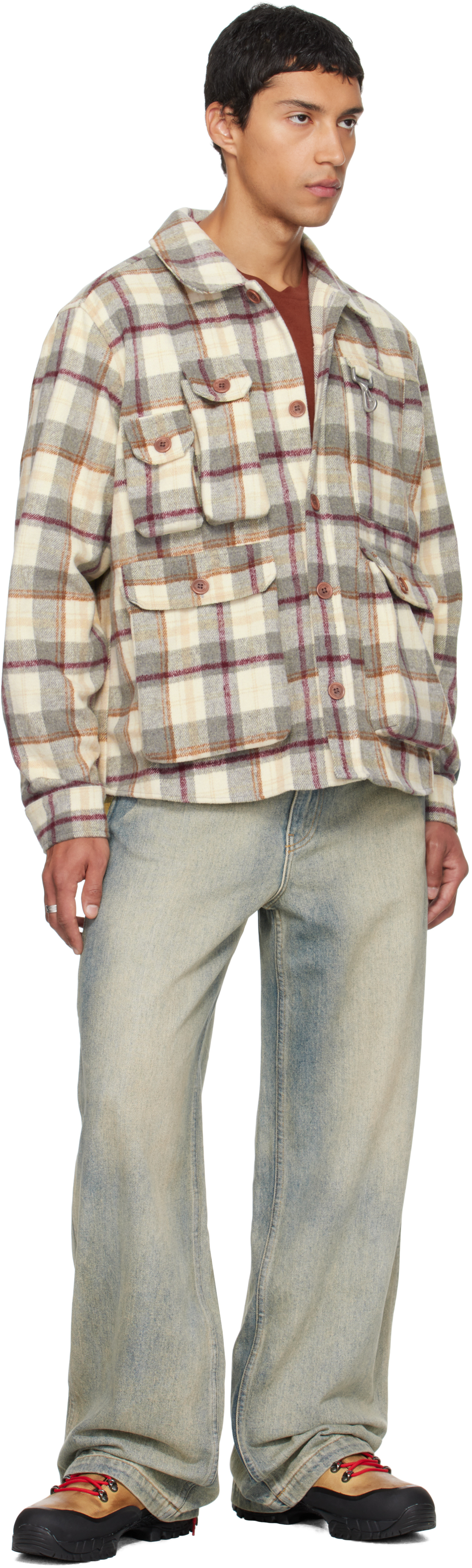 Reese Cooper Gray & Beige Milled Flannel Cargo Button Down Shirt In Gray