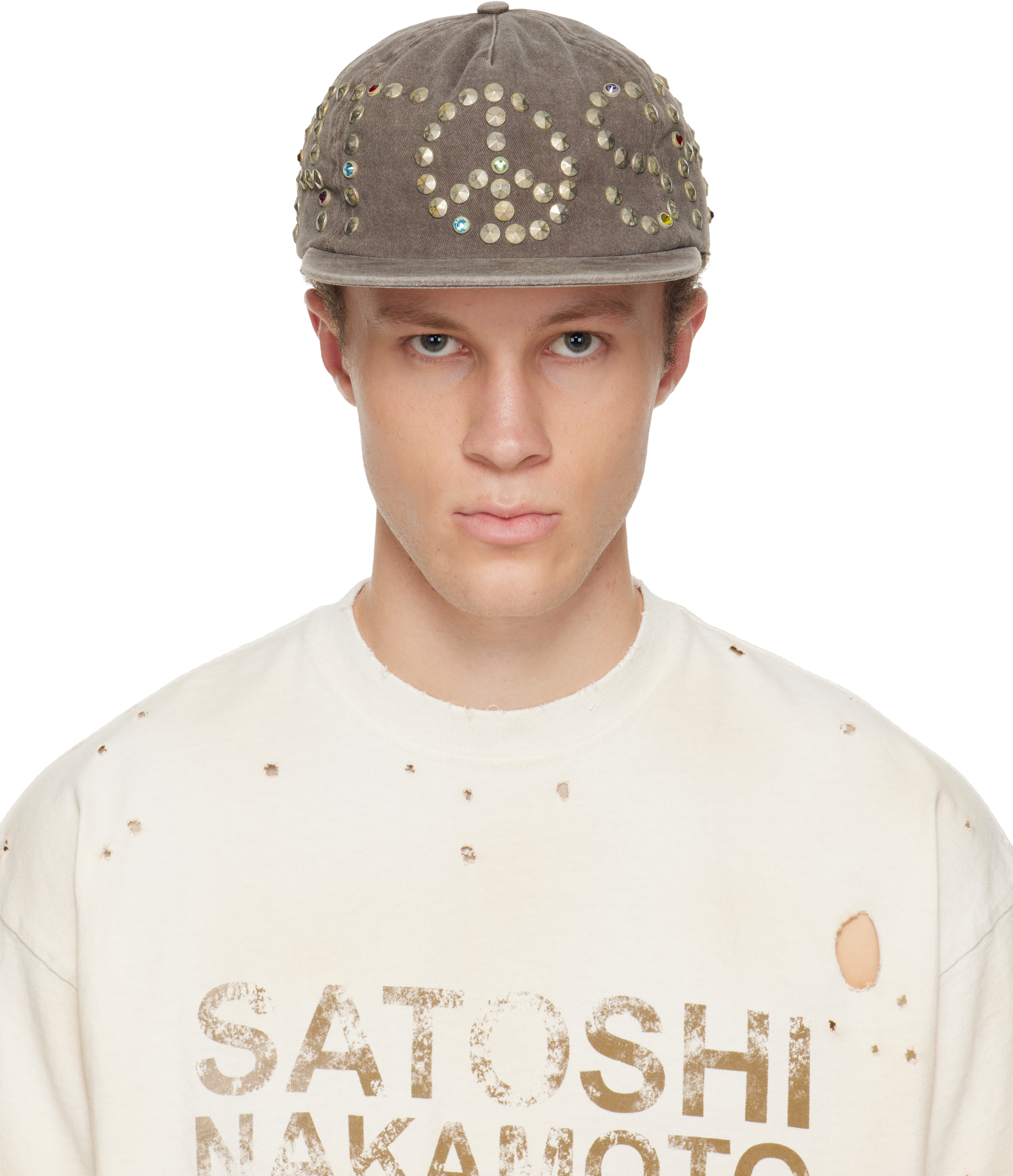 Satoshi Nakamoto: Khaki Studded Wrap Around Cap | SSENSE
