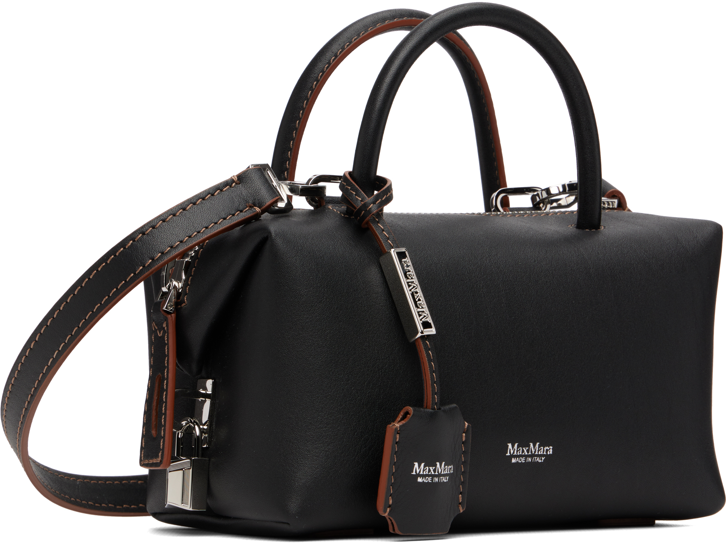 Max Mara Small Natural Leather Bowler Bag In Black