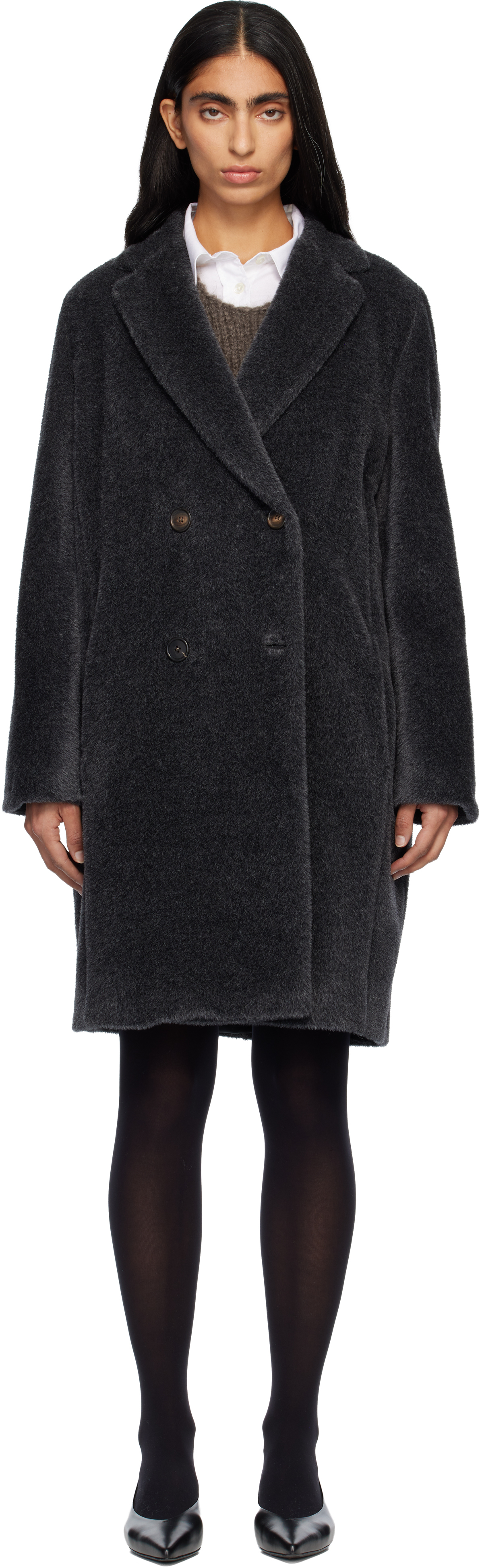 Max Mara Gray Roseto Faux-fur Coat In Black