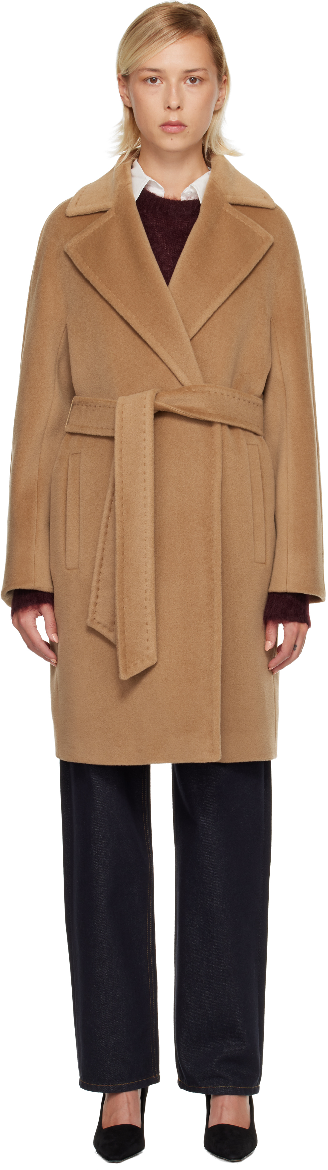 Max Mara Scire Beaver Wool Robe Coat In Nude
