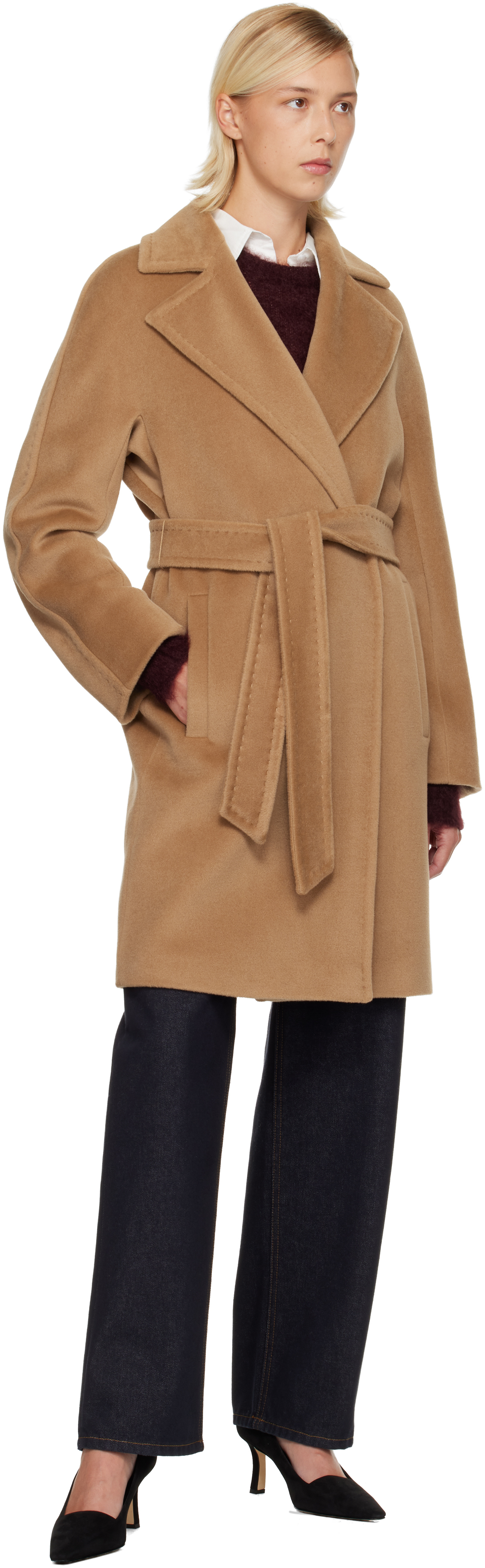 Max Mara Scire Beaver Wool Robe Coat In Nude