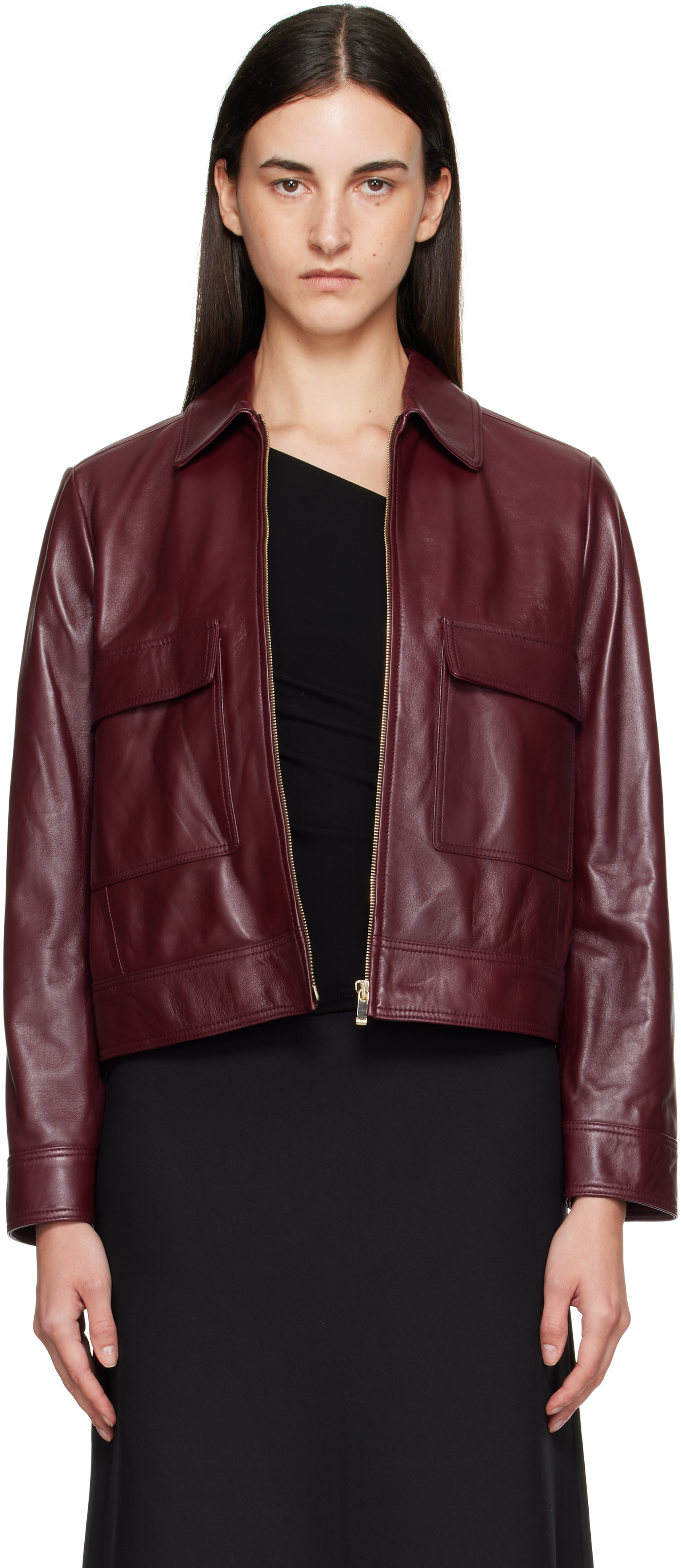 Max Mara Burgundy Nepet Leather Jacket In Brown