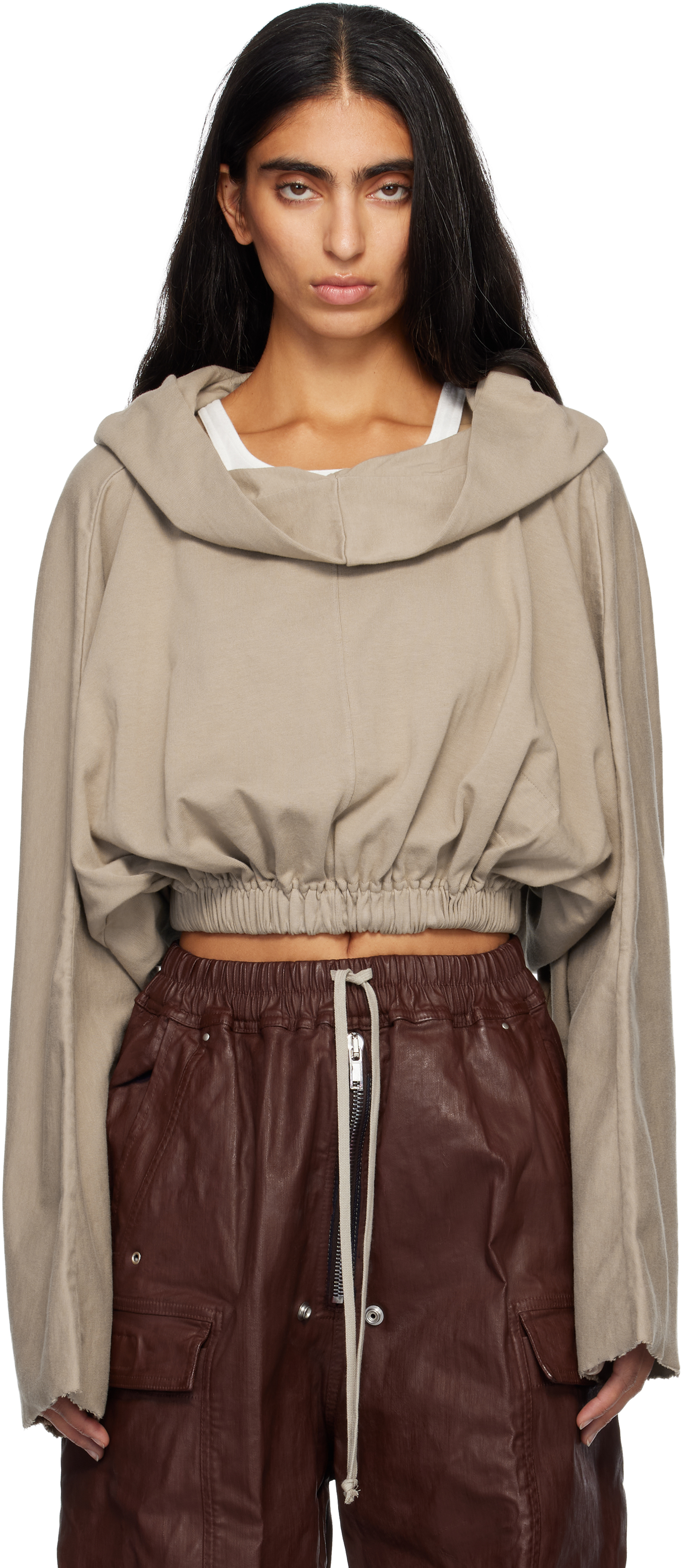 Rick Owens Drkshdw Taupe Concordians Cropped Tunic Hoodie In Brown