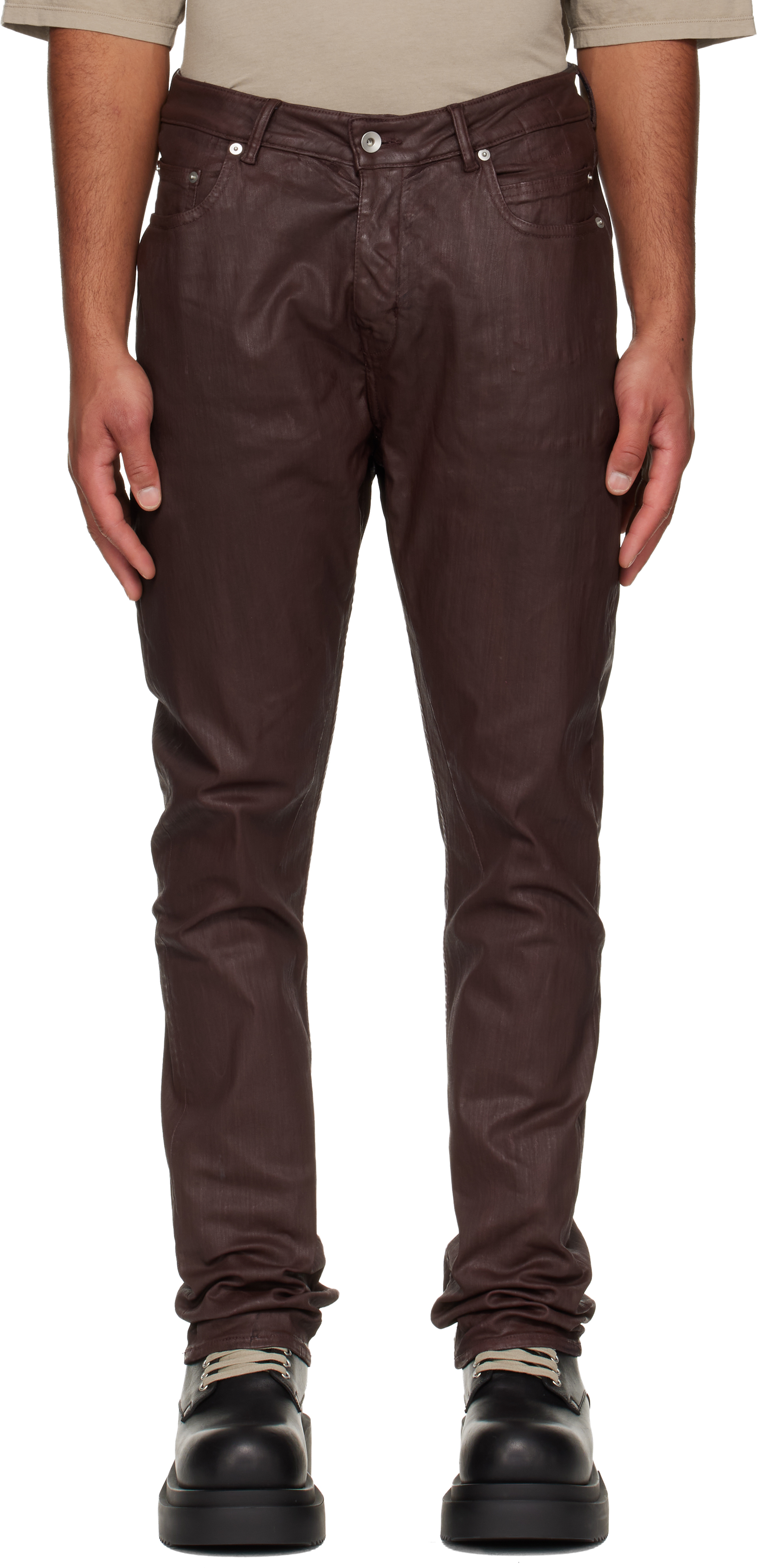 Rick Owens DRKSHDW: Burgundy Concordians Detroit Cut Jeans | SSENSE
