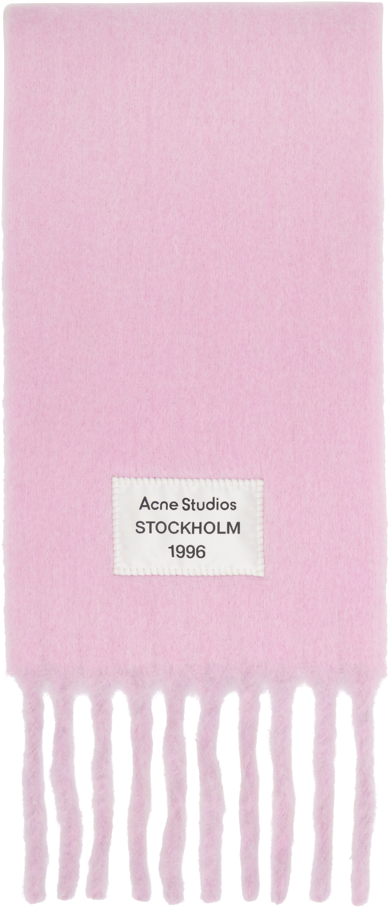 Acne Studiosのピンク フリンジ ロゴラベル マフラーがセール中