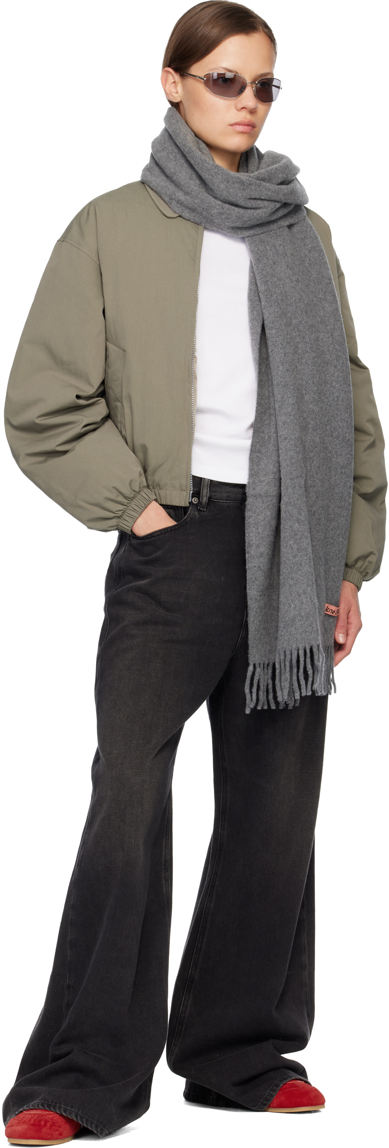 Acne Studios Gray Narrow Fringe Wool Scarf In Gray