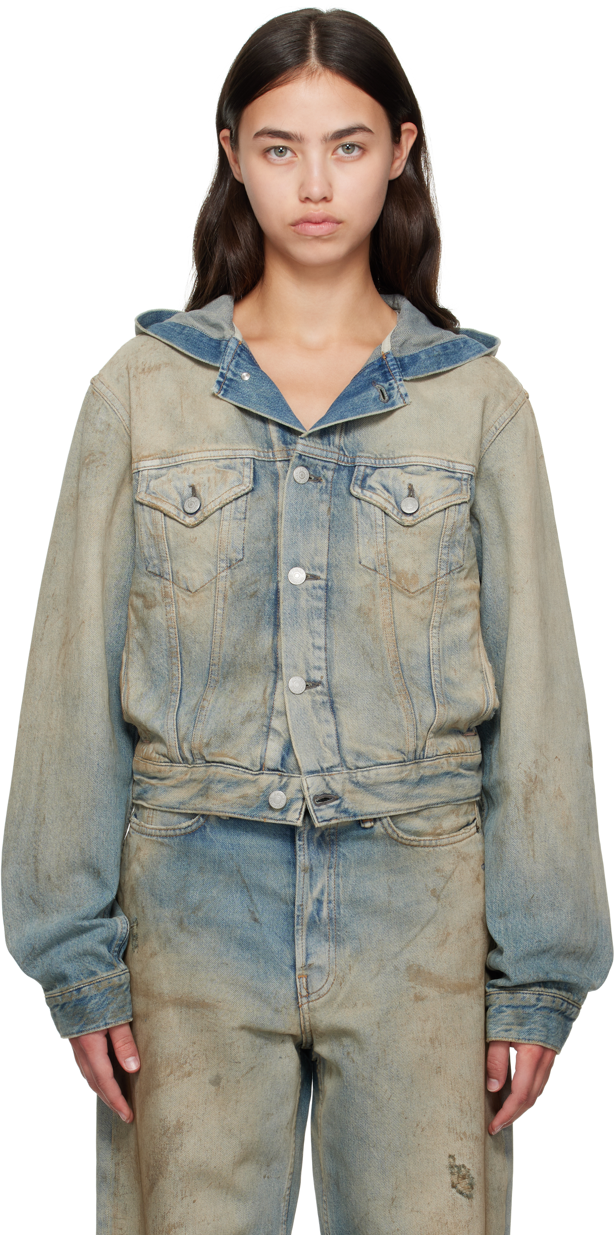 Acne Studios Blue Hooded Denim Jacket In Multi