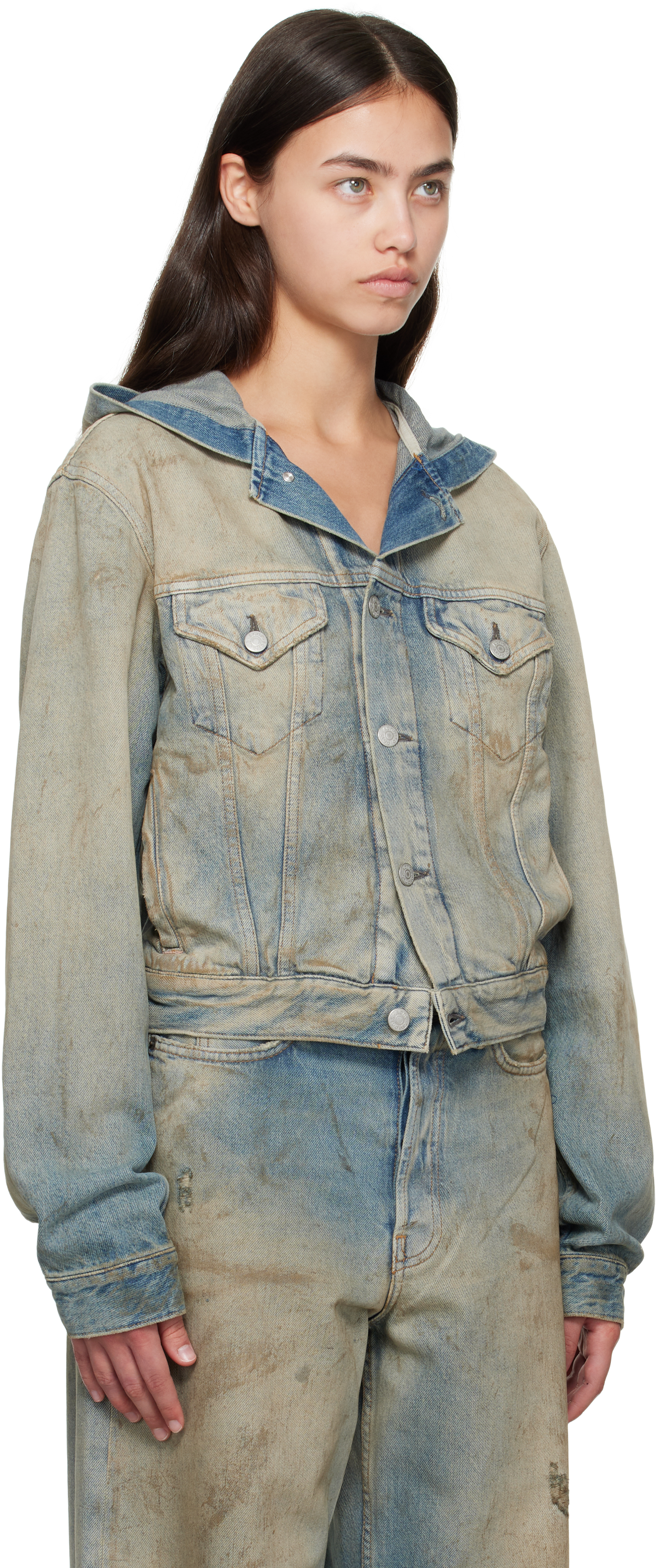 Acne Studios Blue Hooded Denim Jacket In Multi