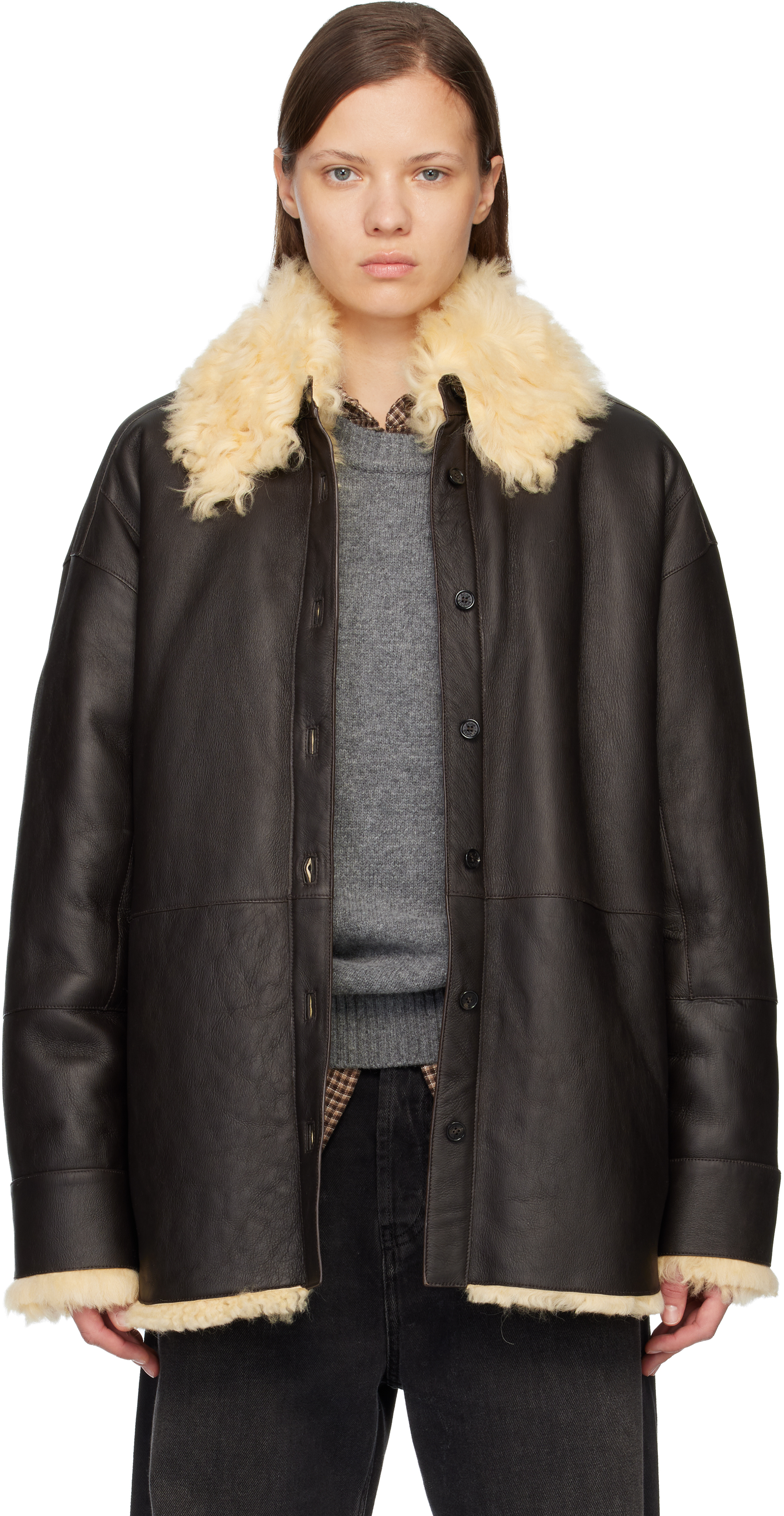 Acne Studios Shearling Collar Leather Jacket Side Pockets In Black