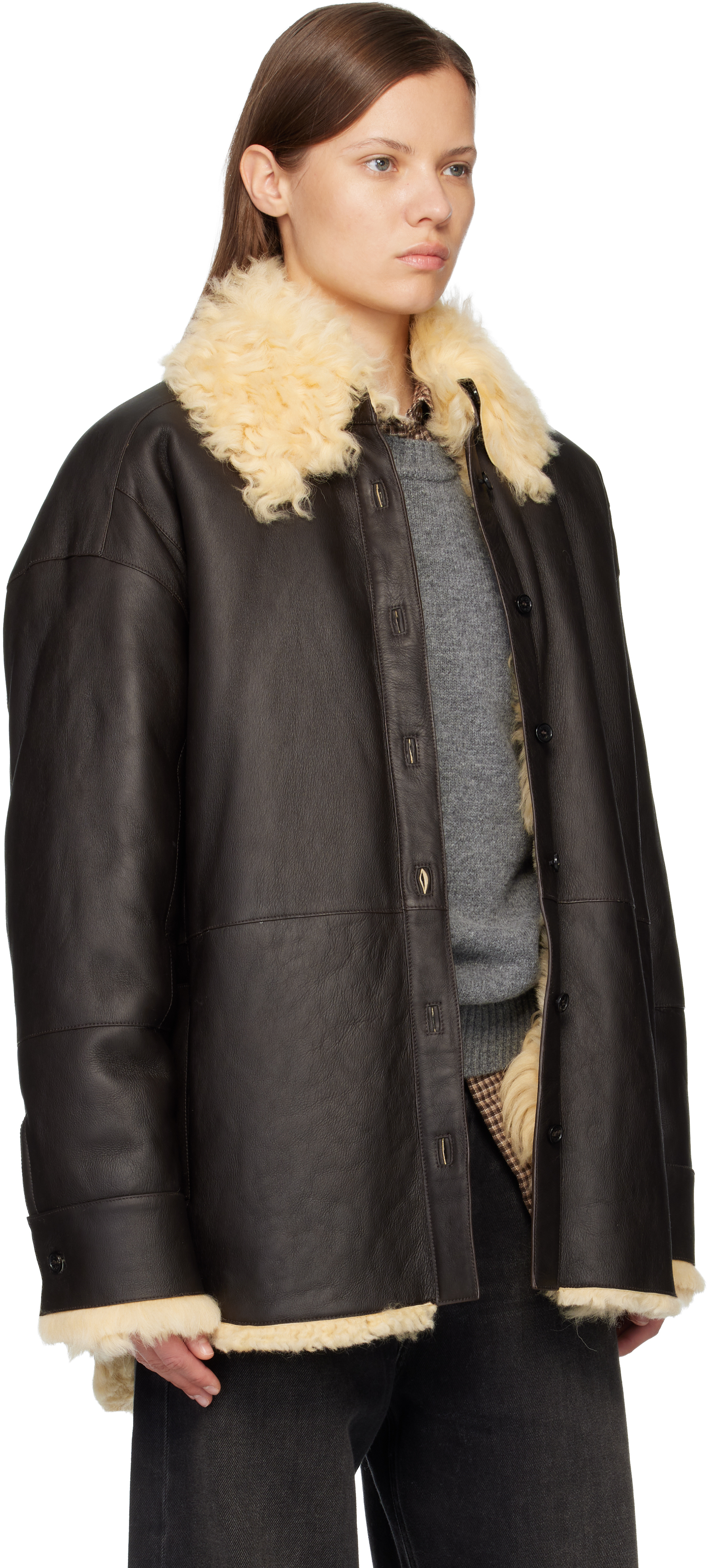 Acne Studios Shearling Collar Leather Jacket Side Pockets In Black