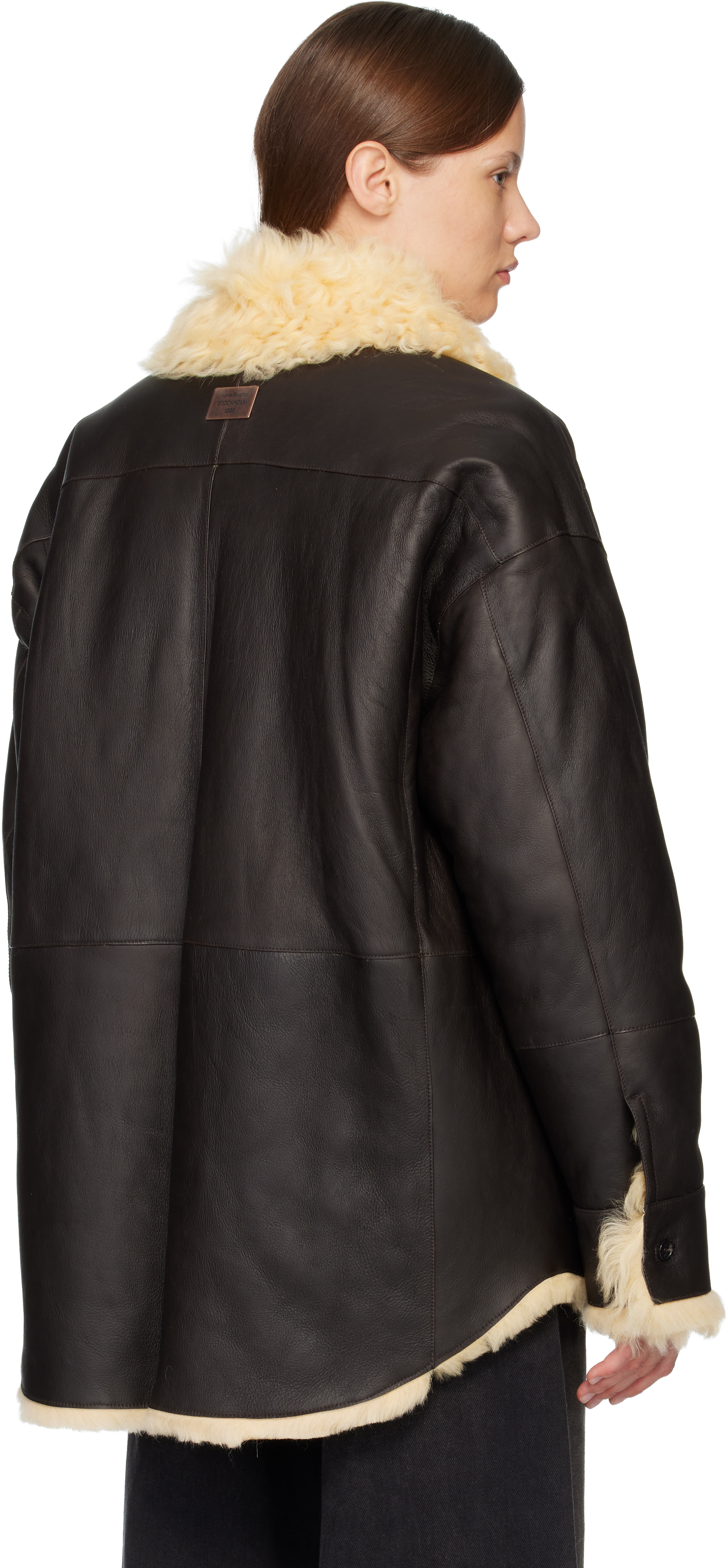 Acne Studios Shearling Collar Leather Jacket Side Pockets In Black