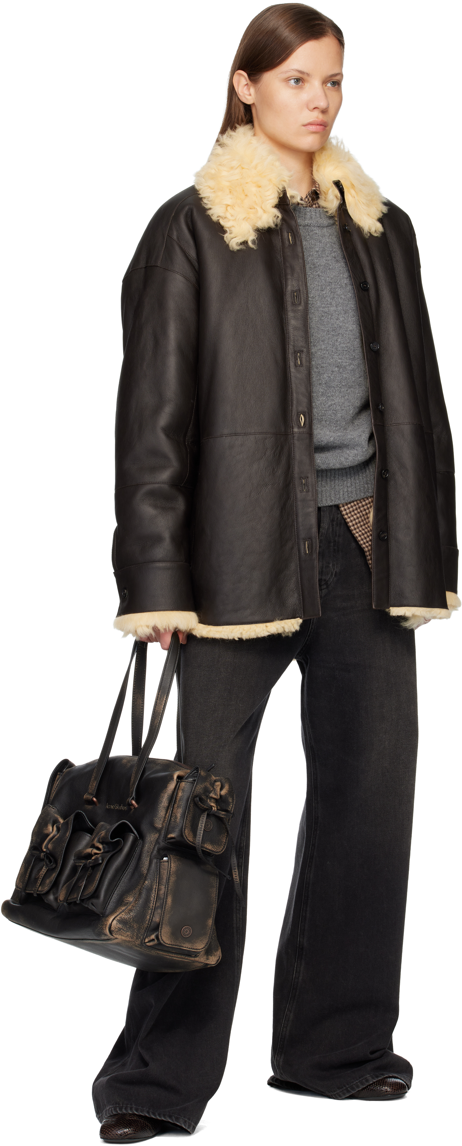 Acne Studios Shearling Collar Leather Jacket Side Pockets In Black