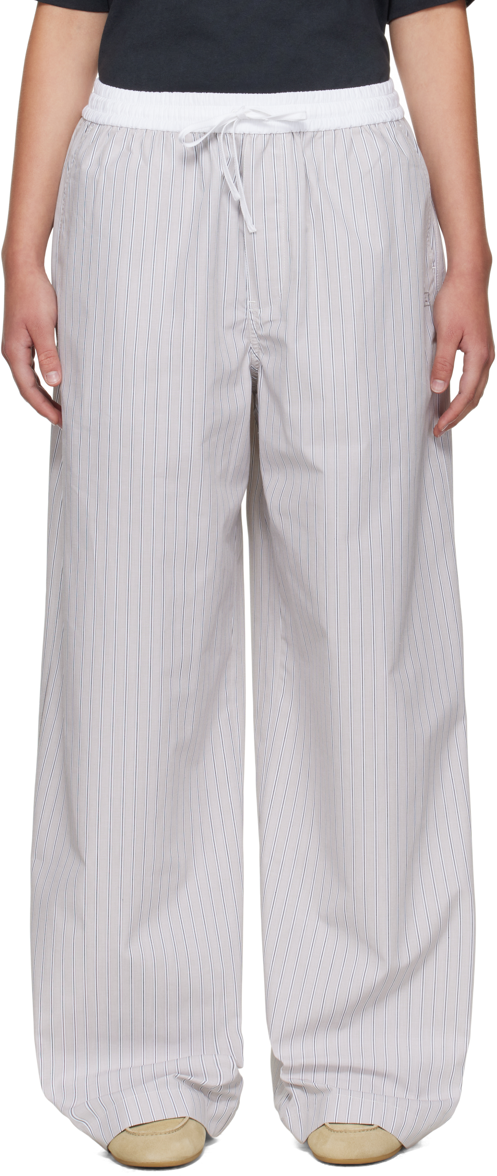 Acne Studios: White & Brown Striped Heavy Poplin Trousers | SSENSE