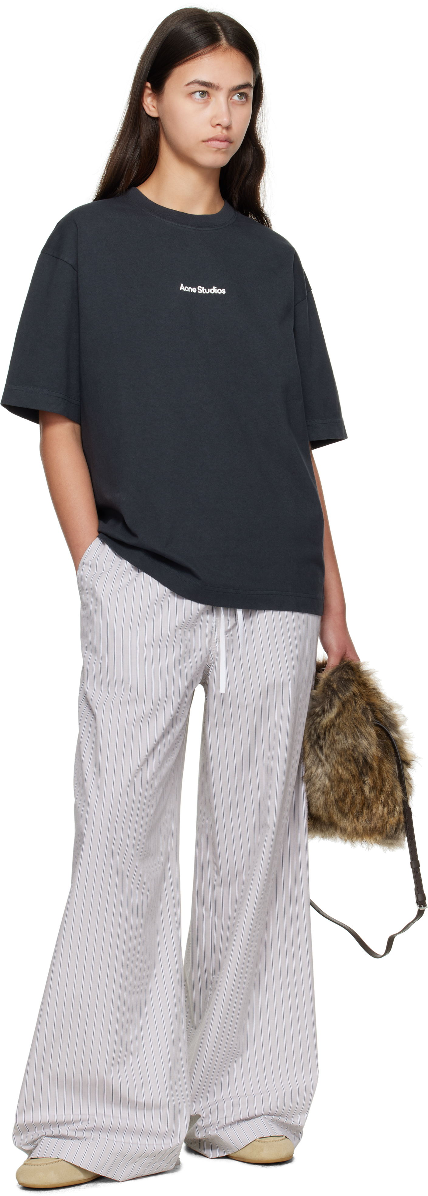 Acne Studios White & Brown Striped Heavy Poplin Trousers In Gray