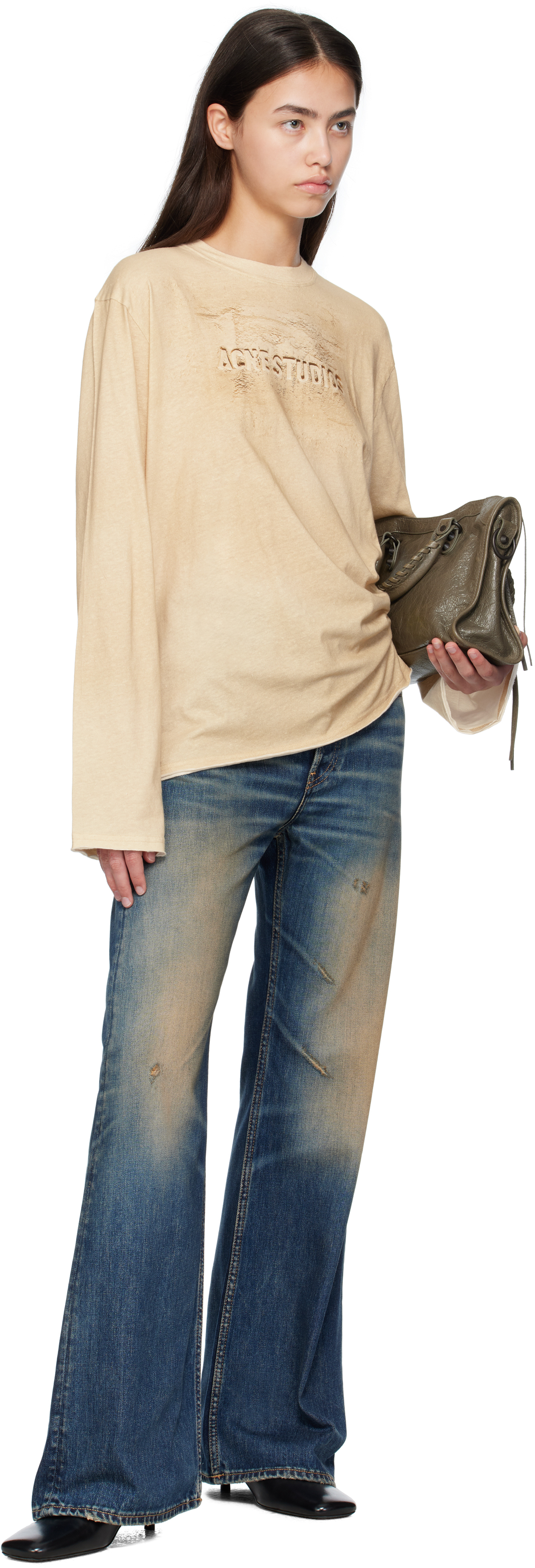 Acne Studios Logo Distressed Cotton Jersey T-shirt In Neutral