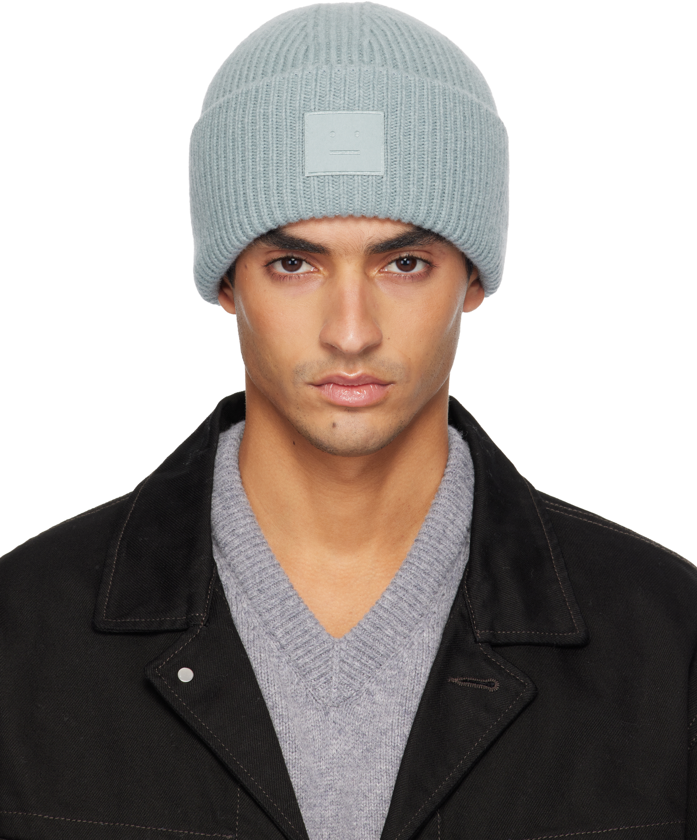 Acne Studios Blue Ribbed Face Logo Beanie | ModeSens