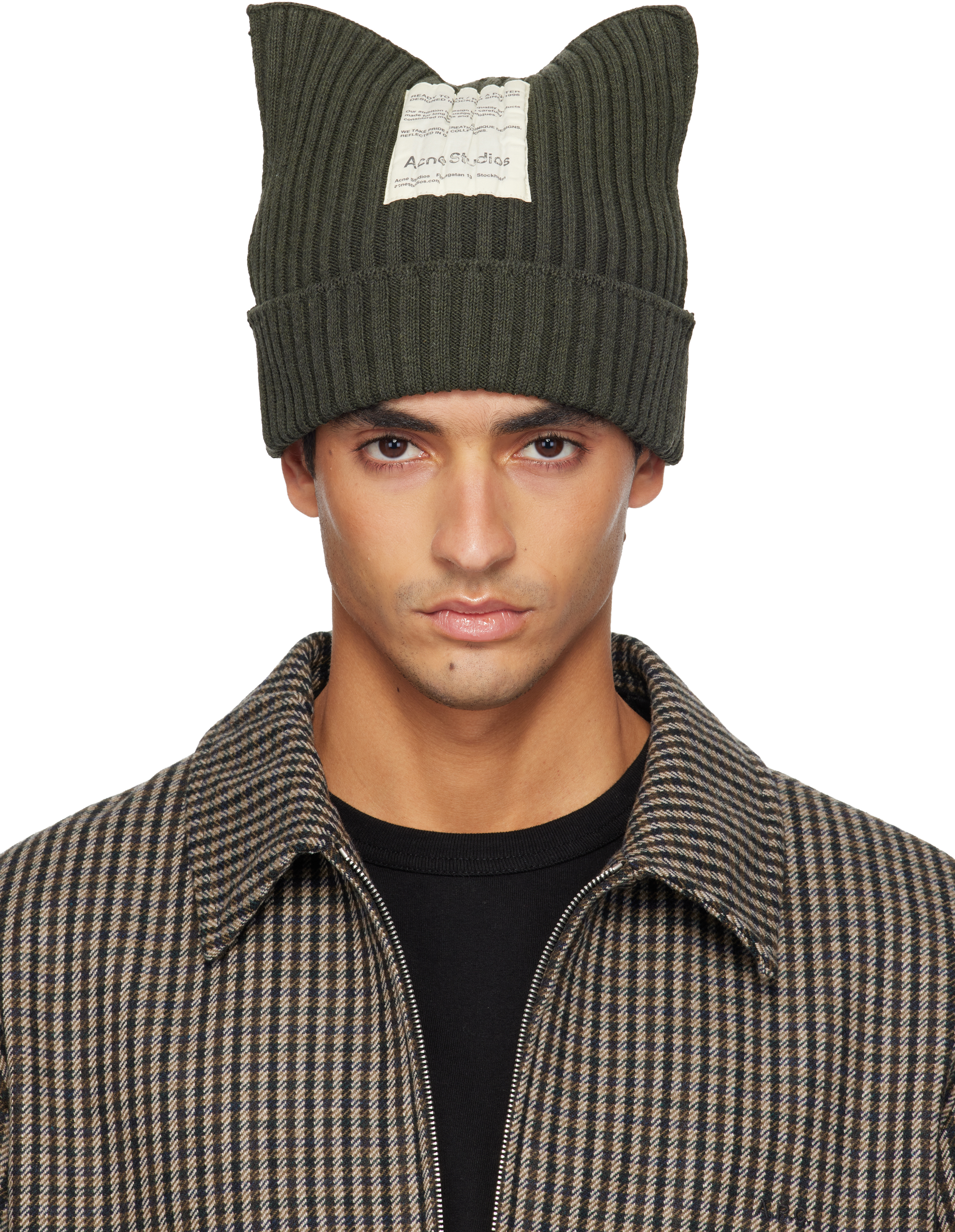 Acne Studios: Khaki Ribbed Square Beanie | SSENSE Canada
