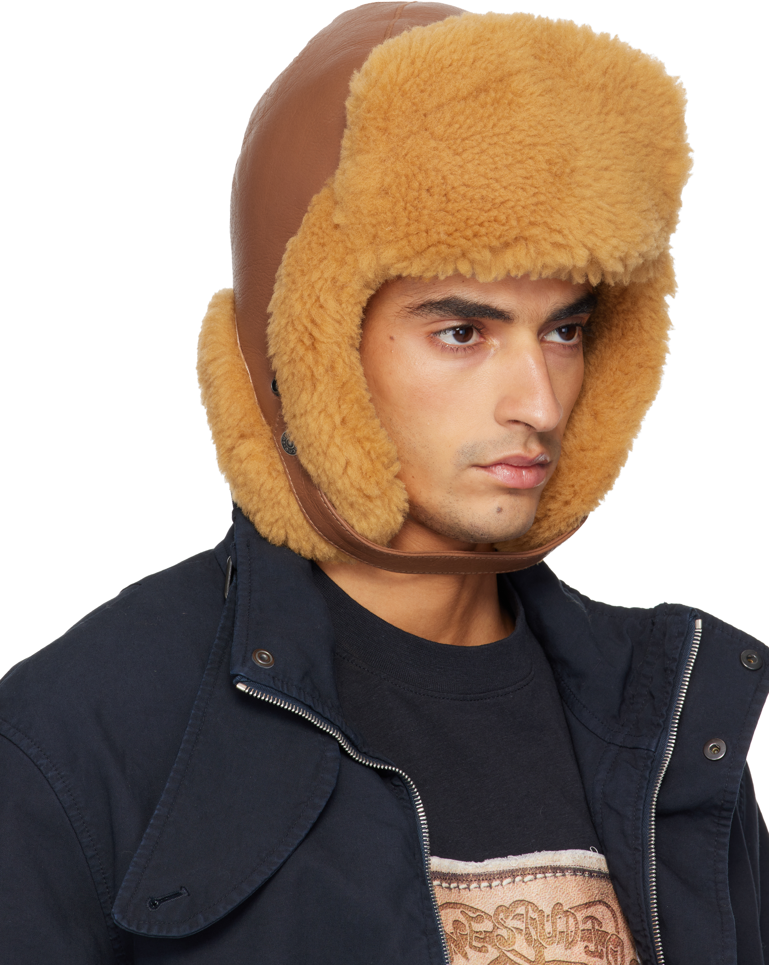 Acne Studios Brown Shearling Aviator Hat In Orange