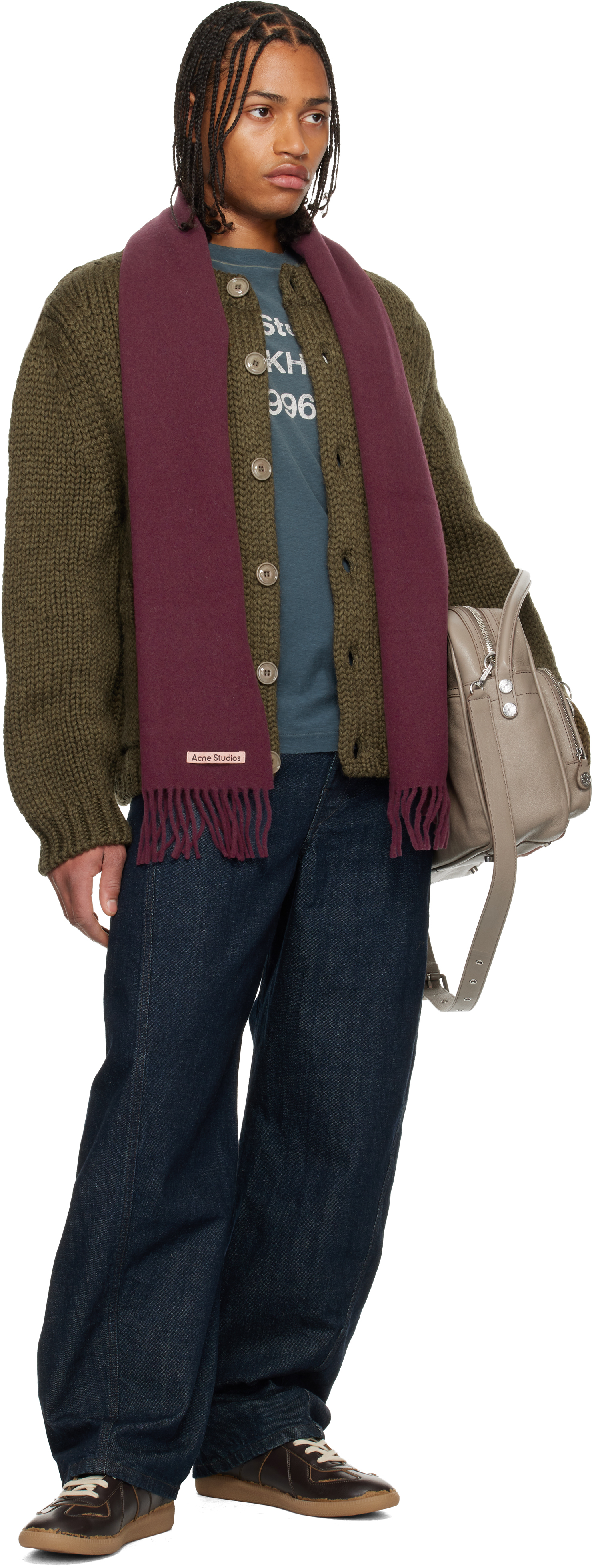 Acne Studios Burgundy Narrow Fringe Wool Scarf In Burgundy