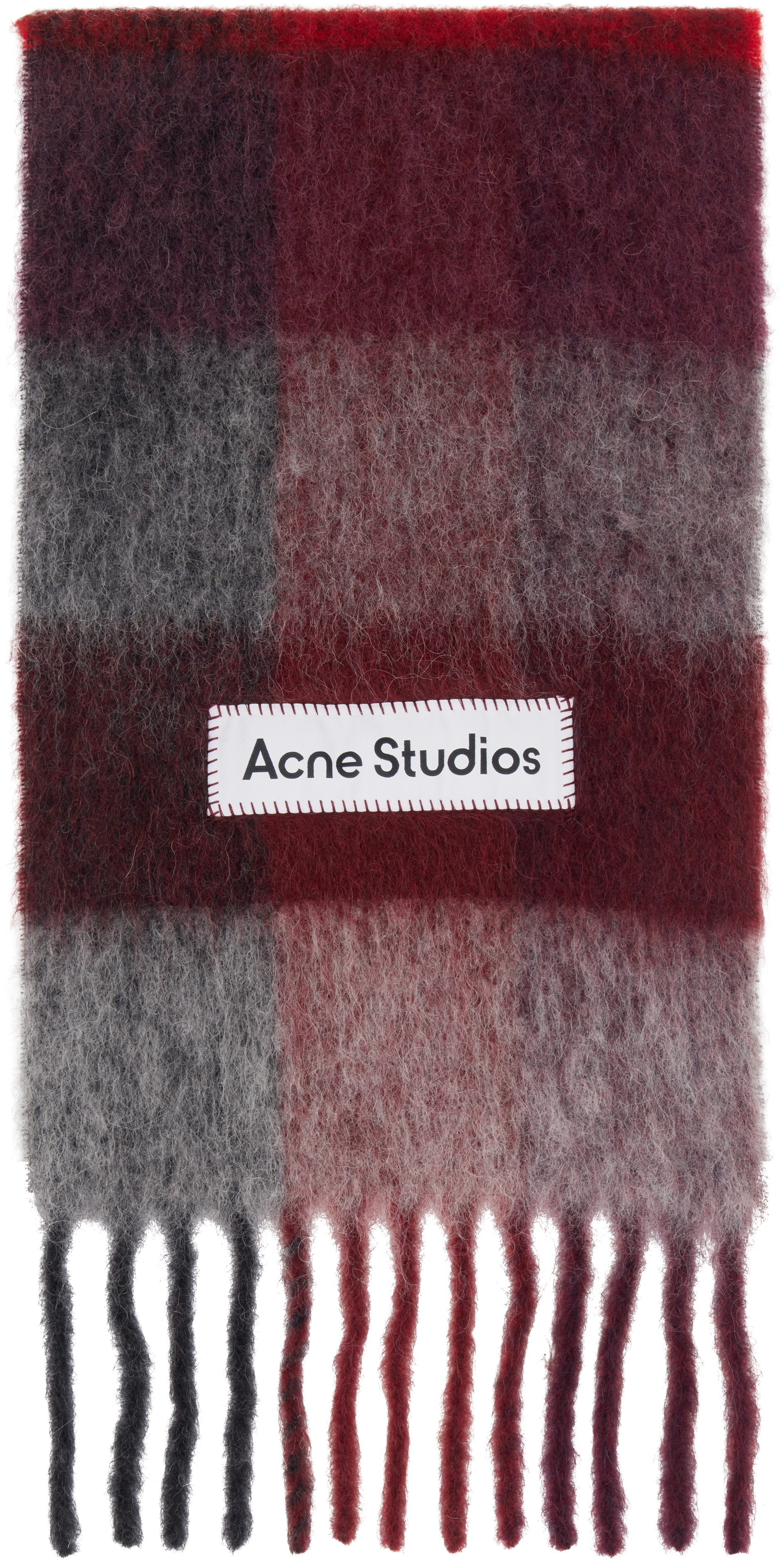 Acne Studios: レッド＆グレー チェック フリンジ マフラー | SSENSE 日本