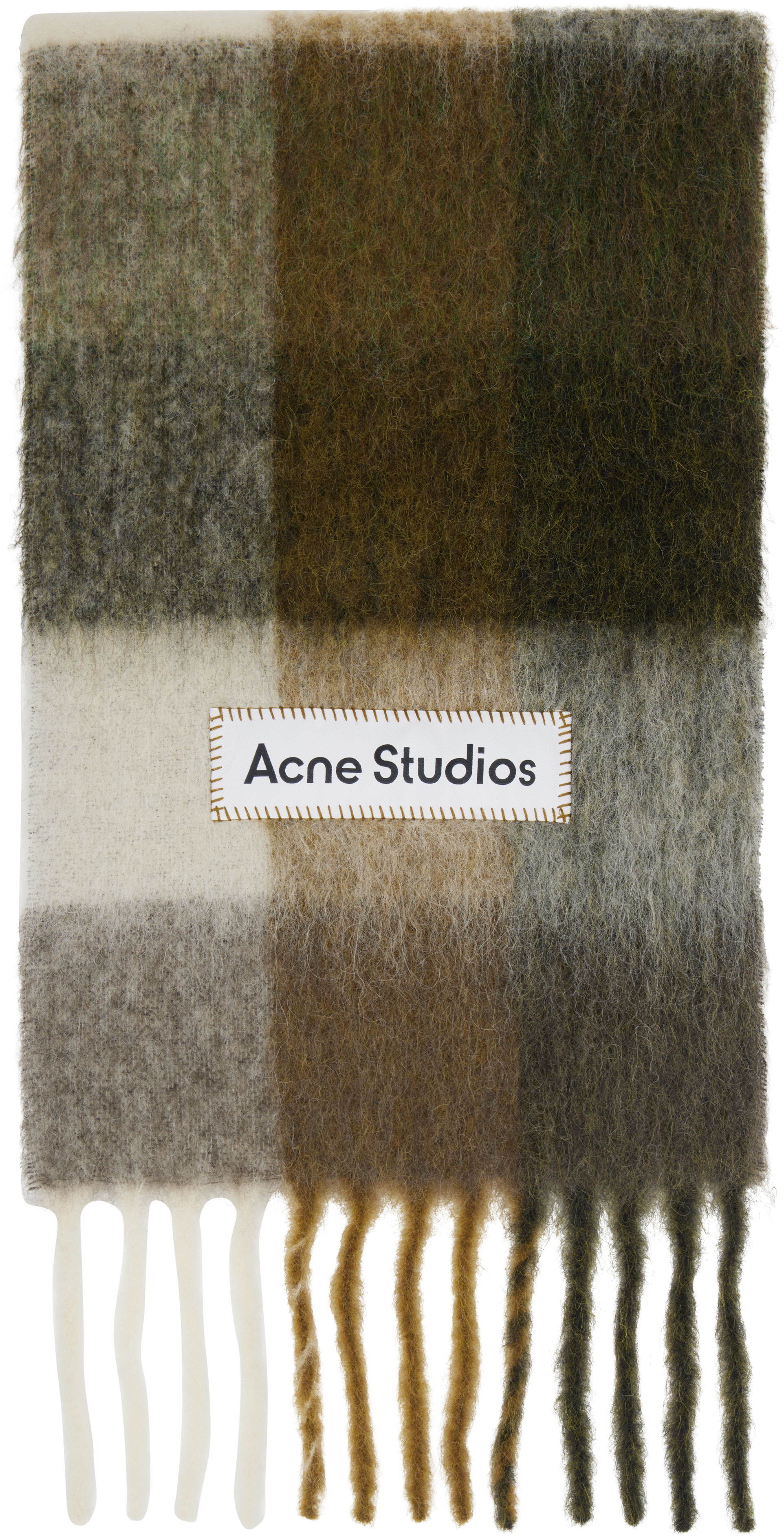 Acne Studious カーキ　フリンジ付きマフラー Acne Studios: カーキ＆オフホワイト チェック フリンジ マフラー
