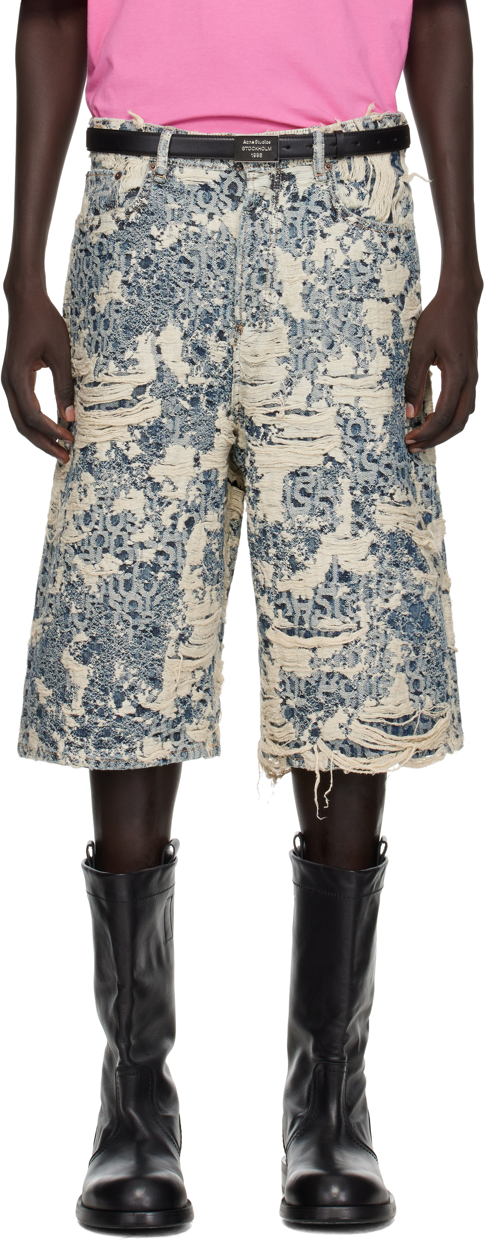 Acne Studios Straight-leg Logo-jacquard Distressed Denim Shorts In Multi