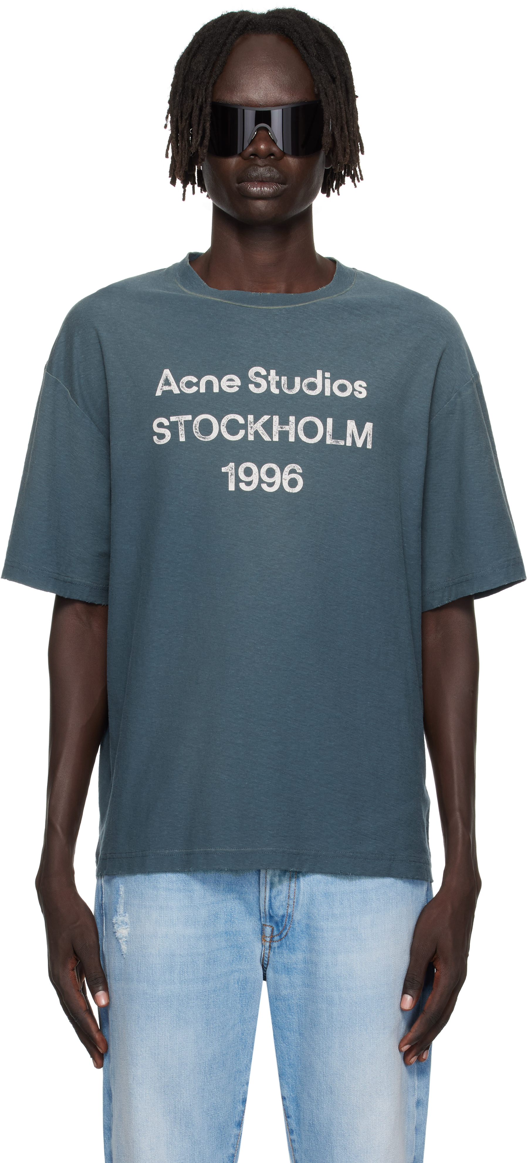Acne Studios Exford Distressed Logo-print Cotton And Hemp-blend Jersey T-shirt In Green