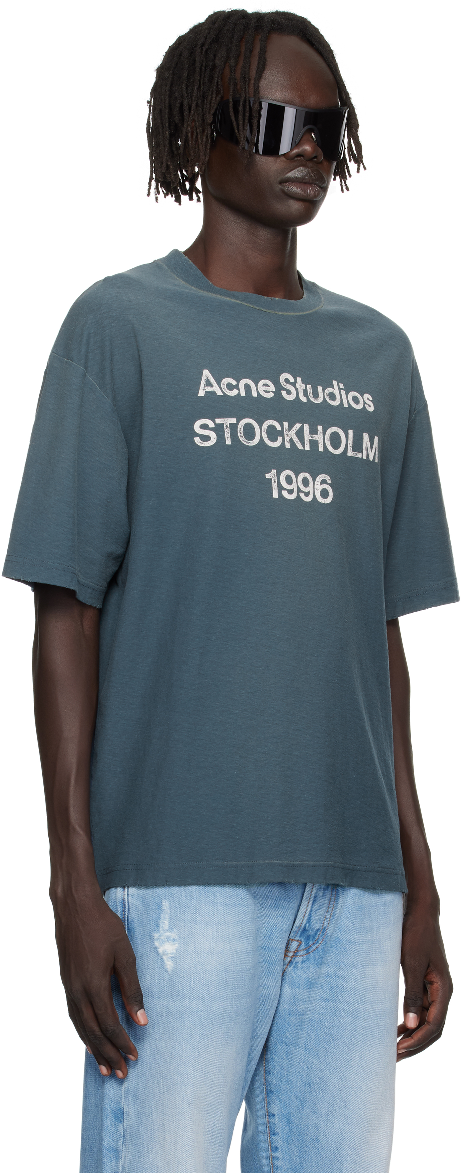 Acne Studios Exford Distressed Logo-print Cotton And Hemp-blend Jersey T-shirt In Green