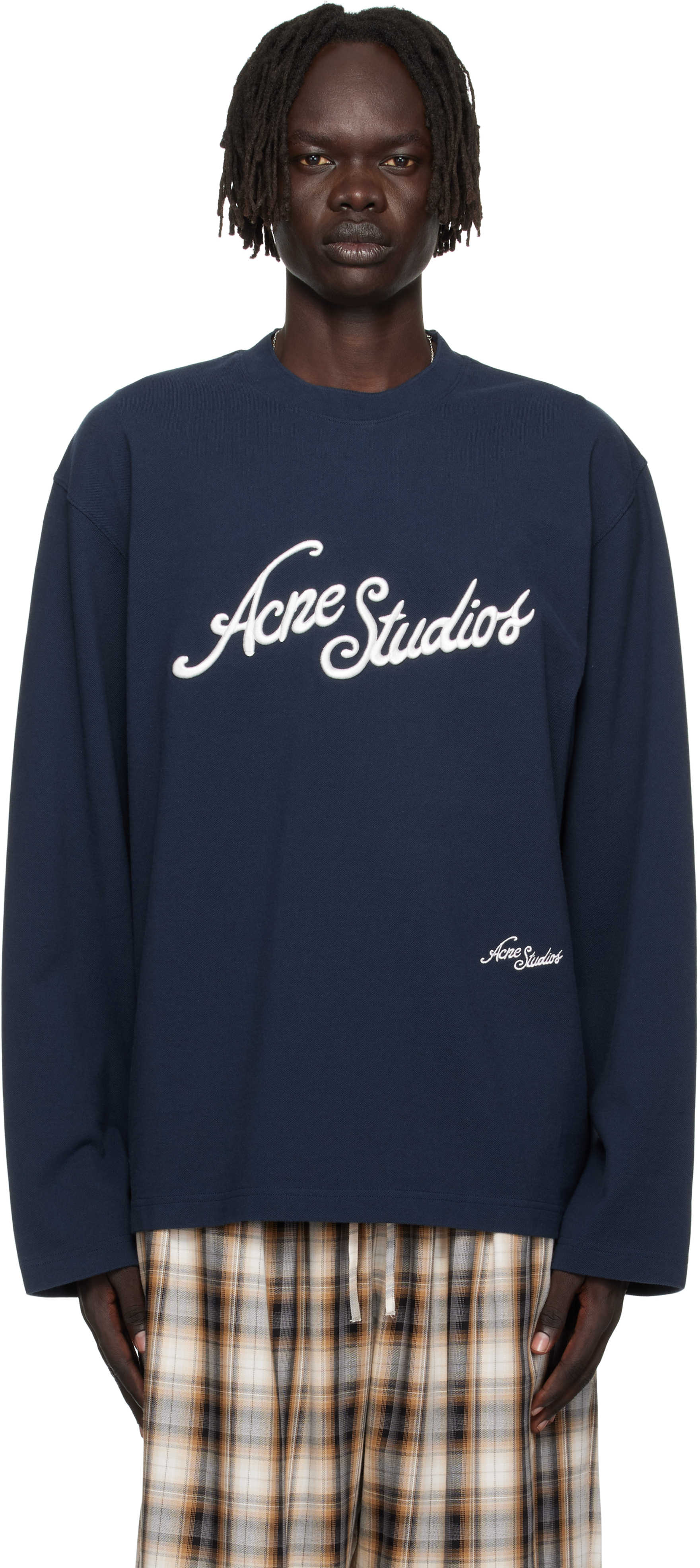 Acne Studios: ネイビー ロゴ リラックスフィット Tシャツ