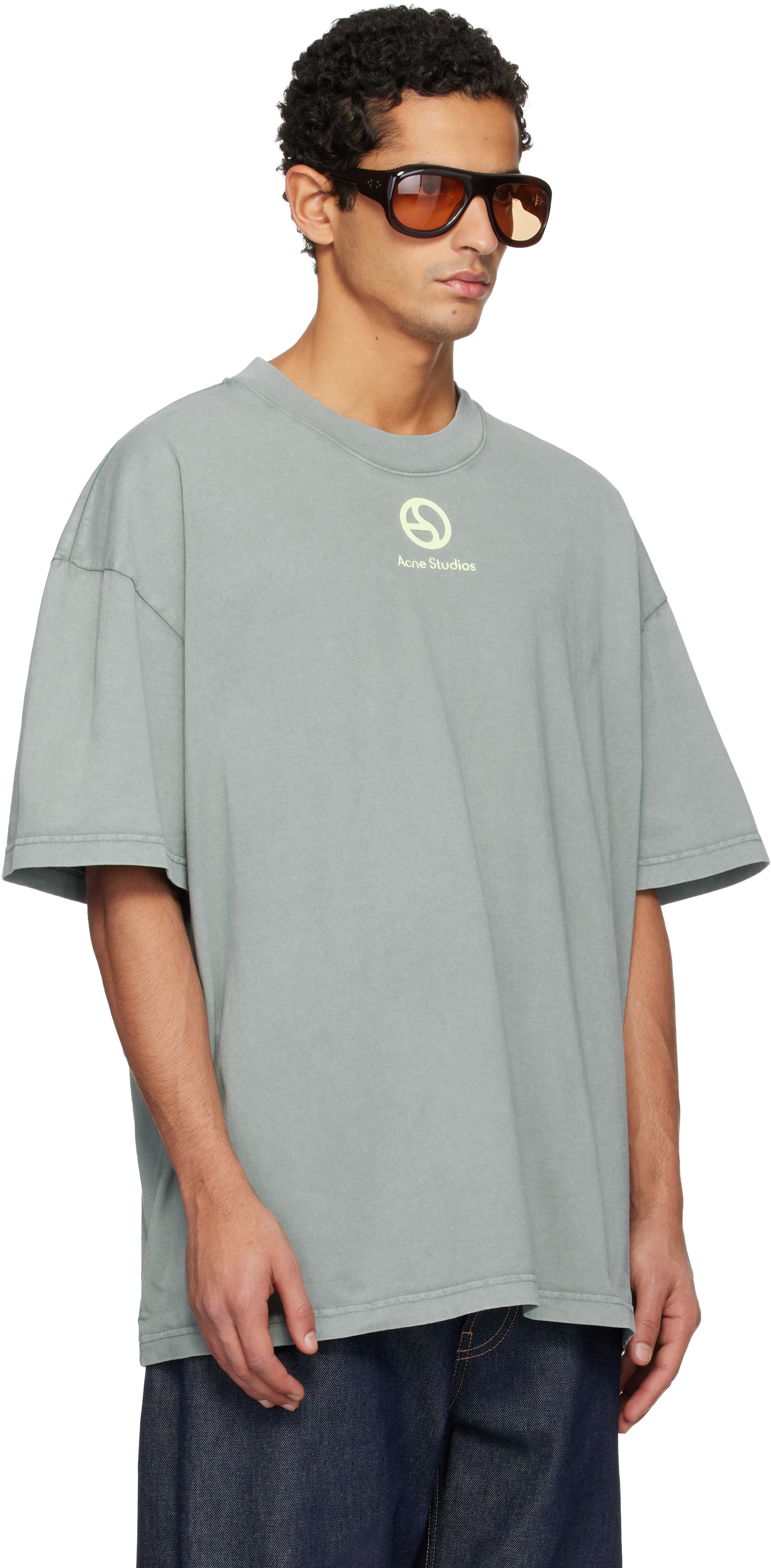 Acne Studios Green Logo T-shirt In Gray