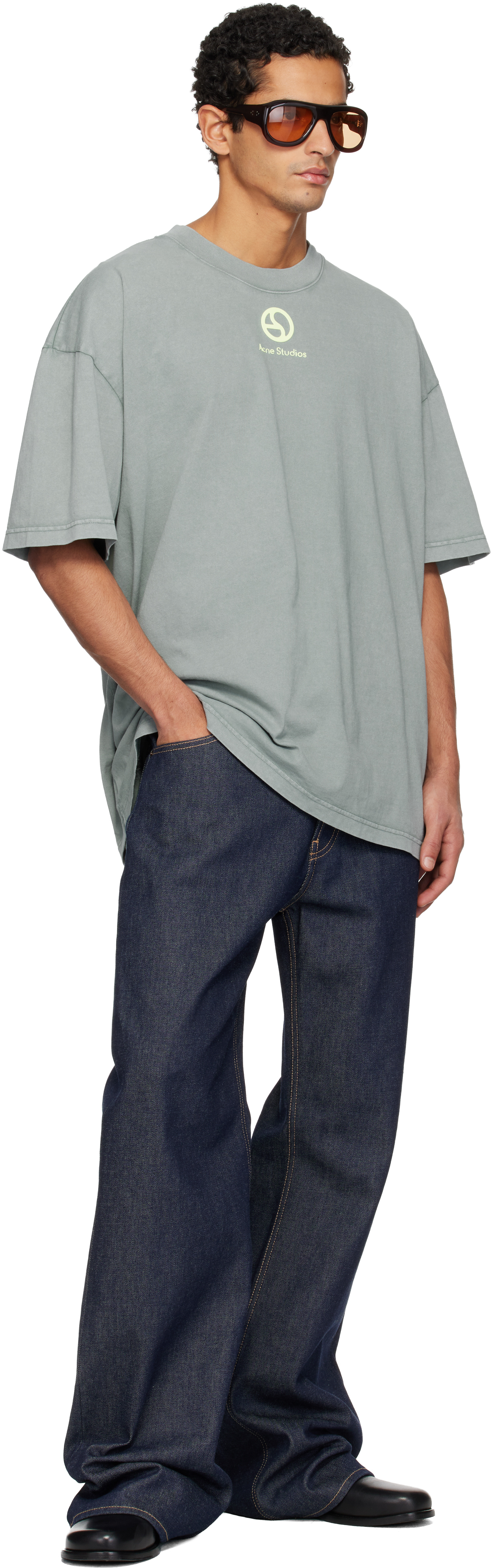 Acne Studios Green Logo T-shirt In Gray