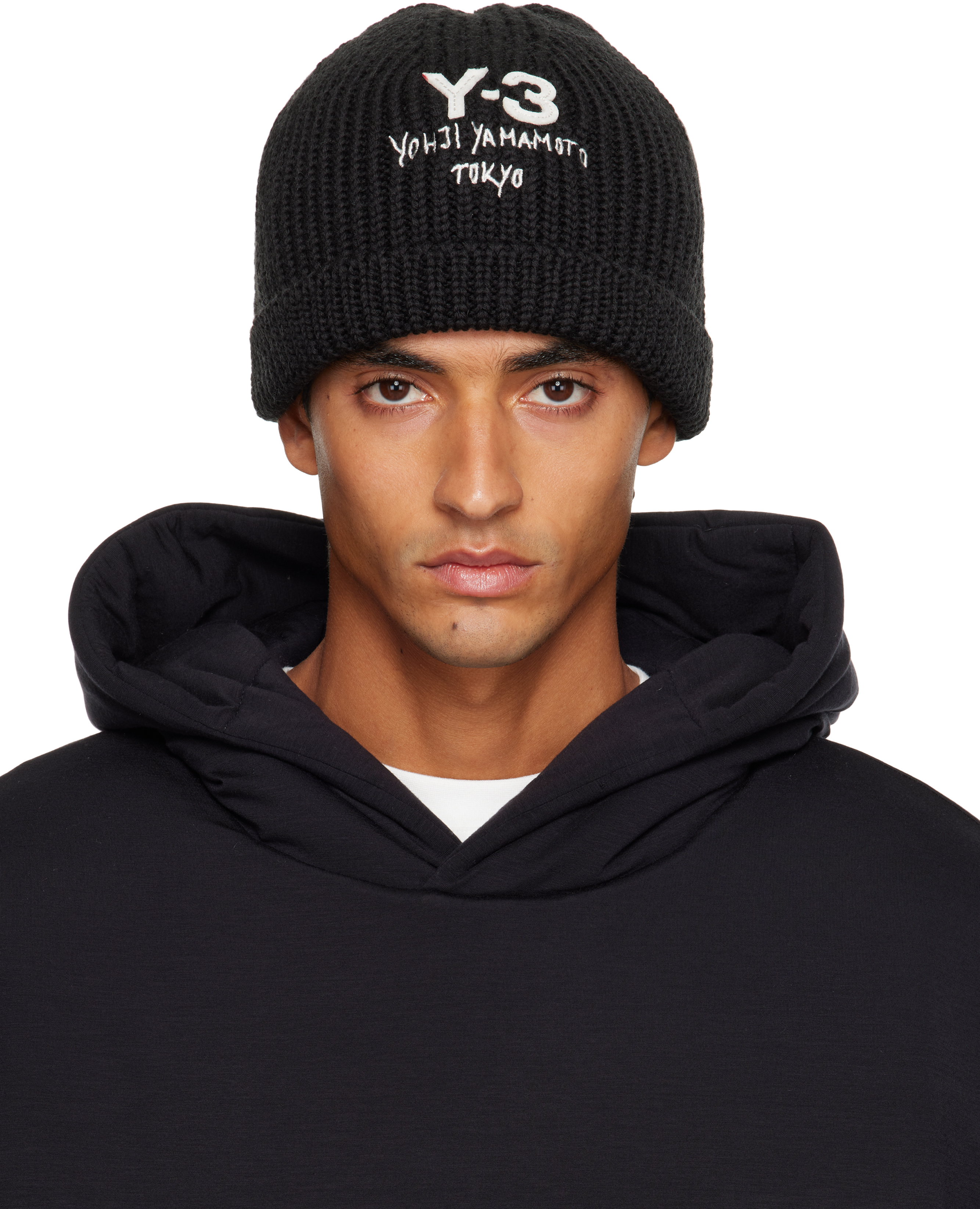 Y-3 Black Chunky Knit Beanie In Brown