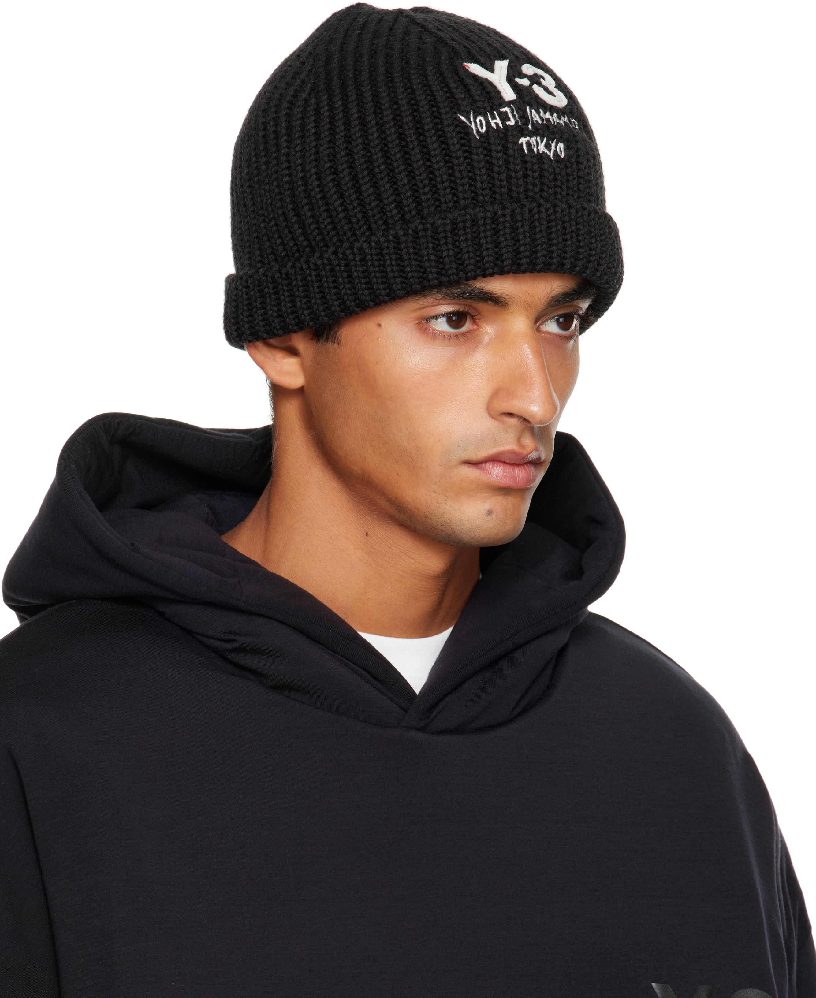 Y-3 Black Chunky Knit Beanie In Brown