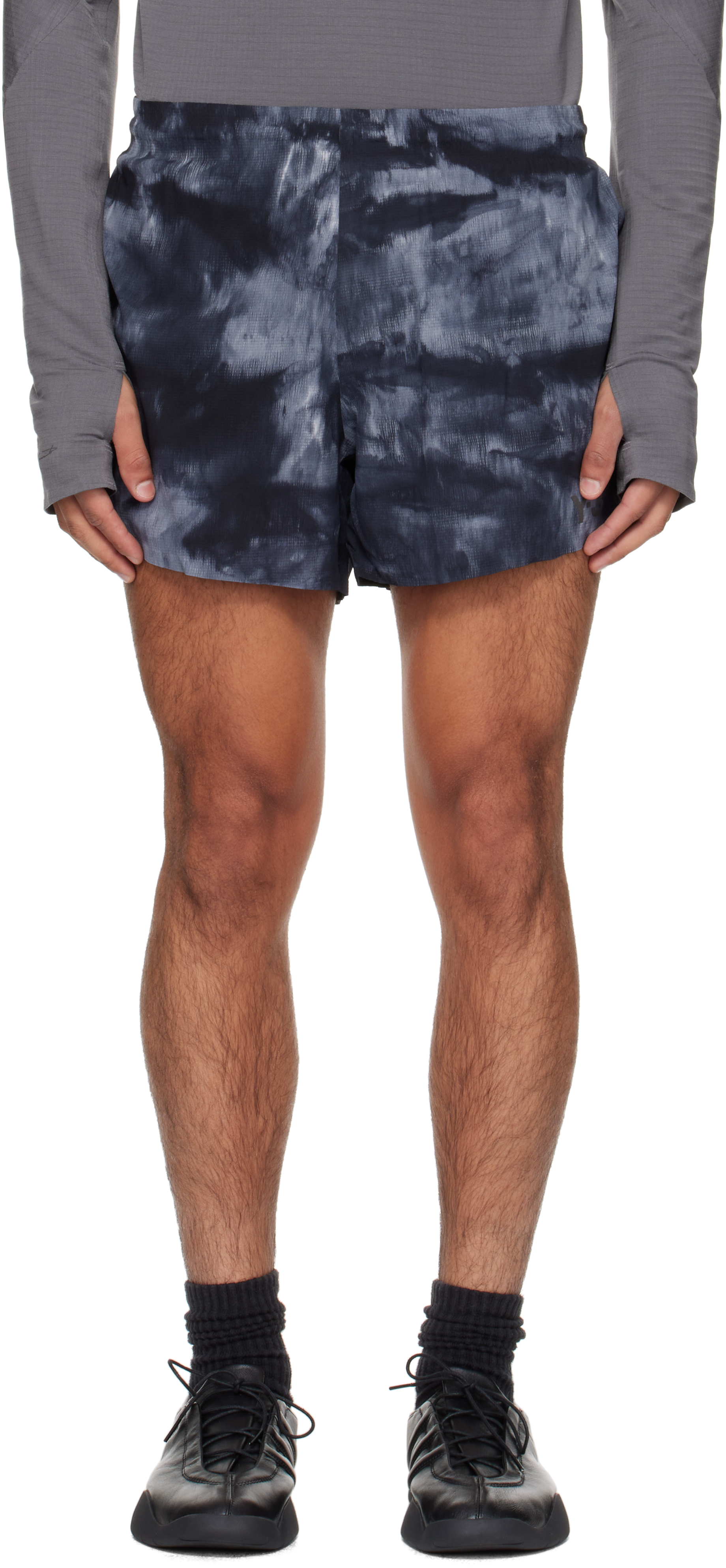 Y-3 Black & Gray Aop Running Shorts In Blue
