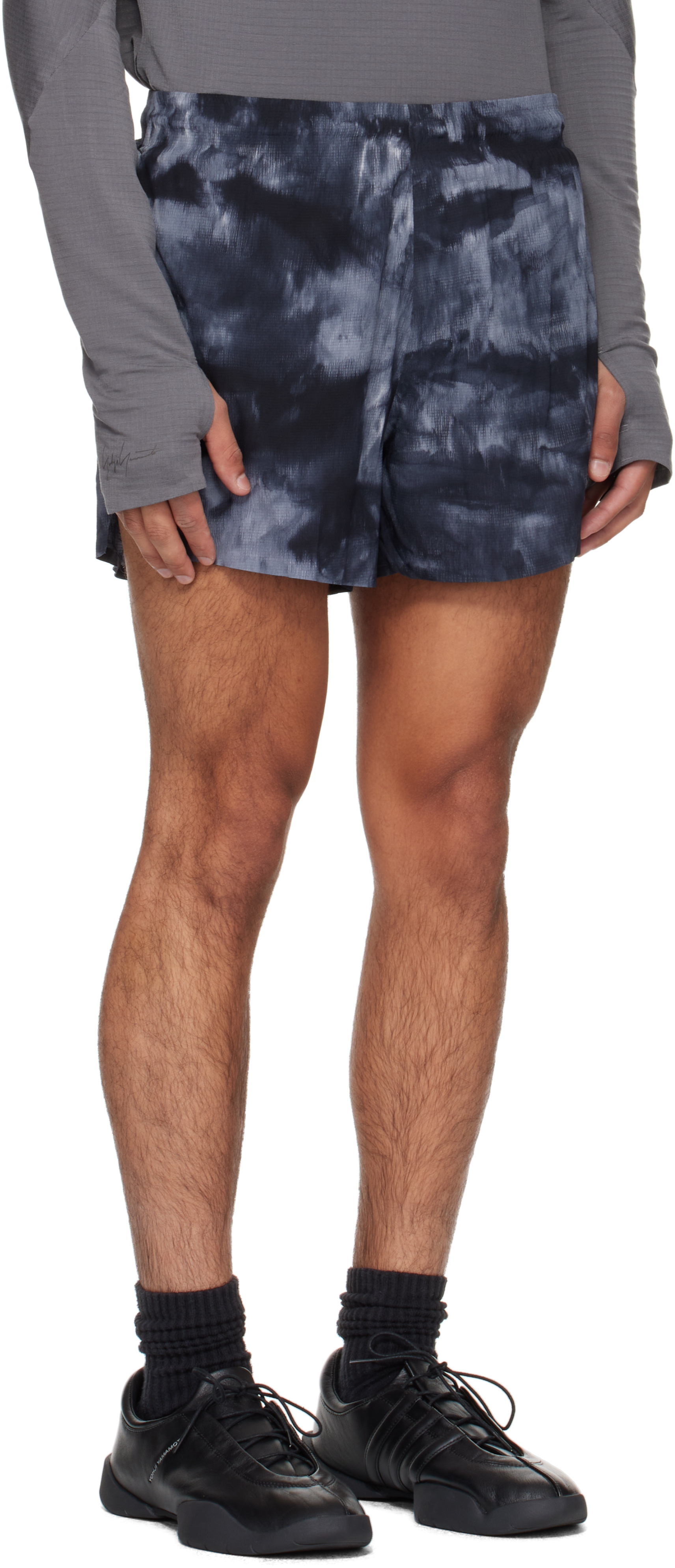 Y-3 Black & Gray Aop Running Shorts In Blue
