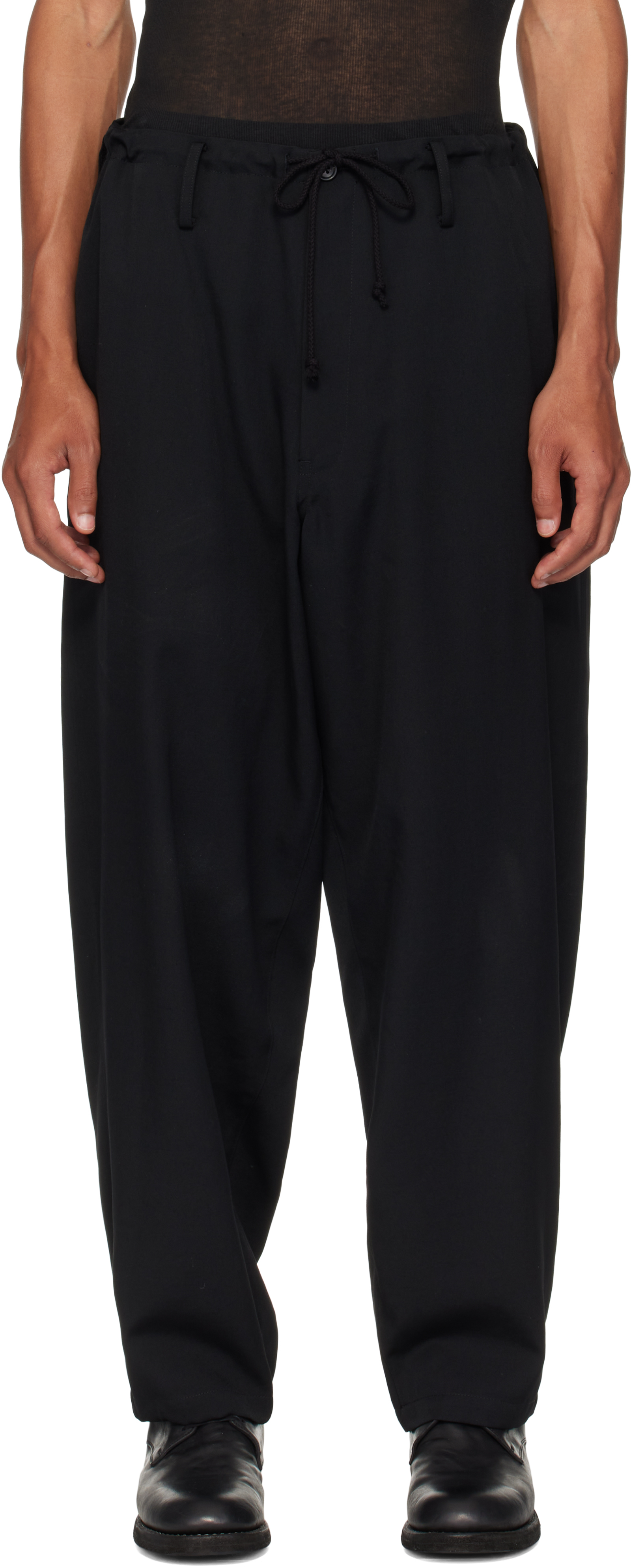 Ys For Men Black Wool Gabardine Wide String Trousers In Black