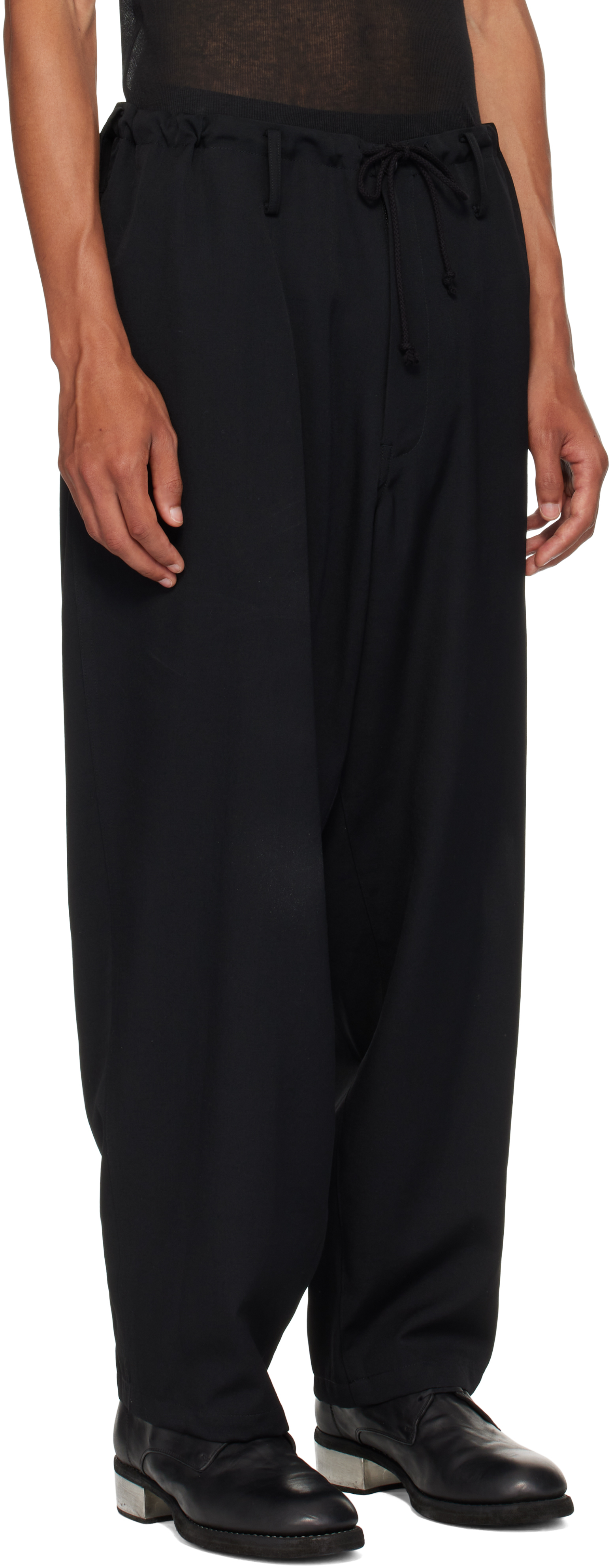 Ys For Men Black Wool Gabardine Wide String Trousers In Black