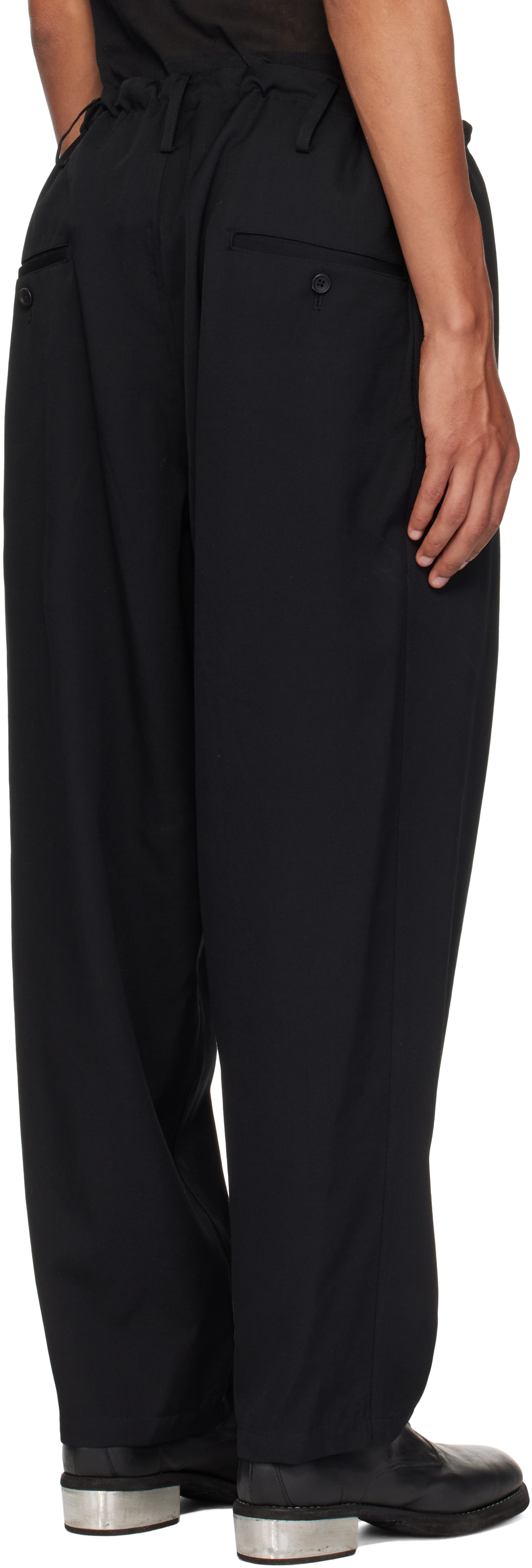 Ys For Men Black Wool Gabardine Wide String Trousers In Black
