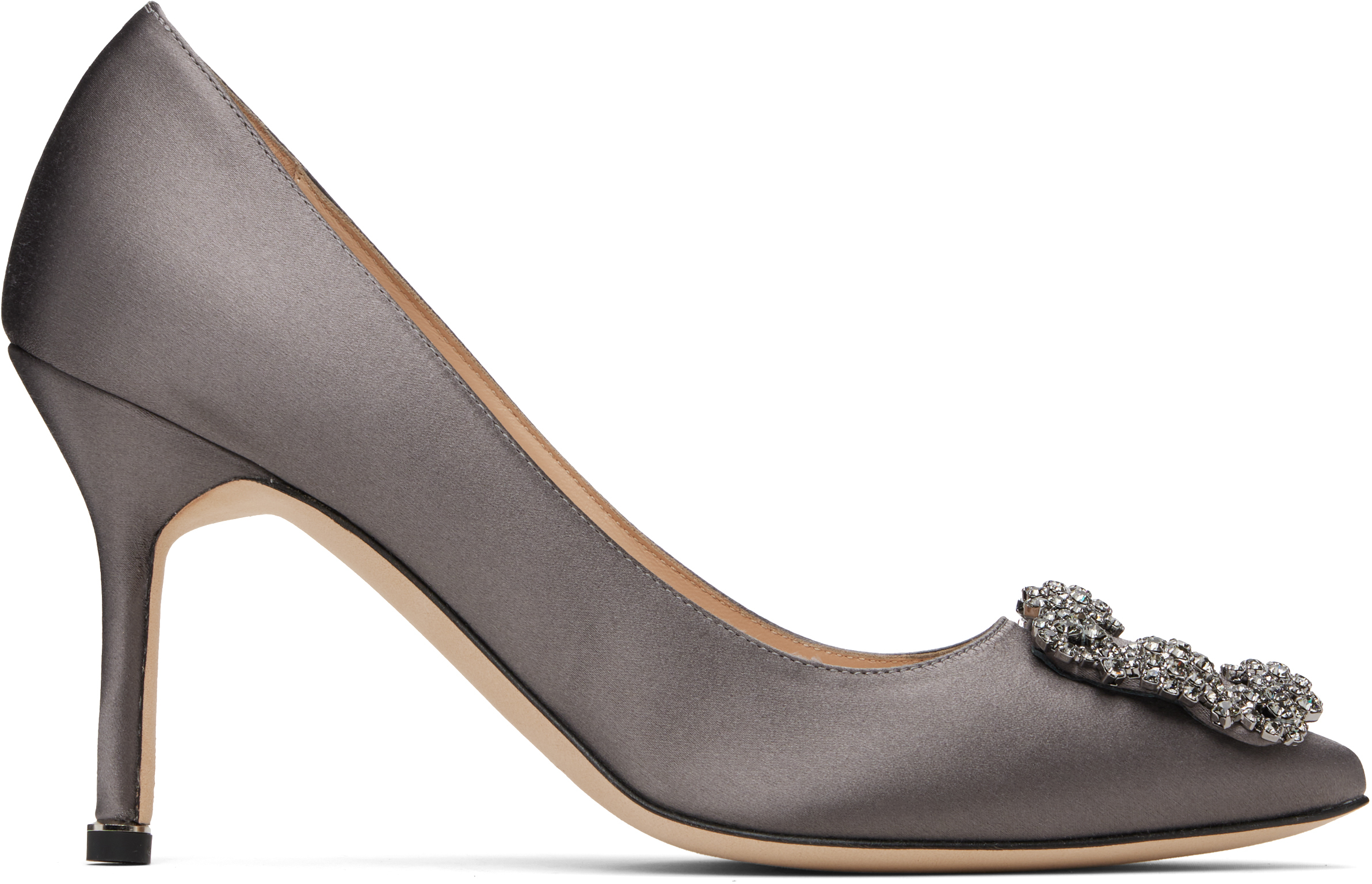 Manolo Blahnik Hangisi Pumps In Satin With Jewel Buckle In Gray