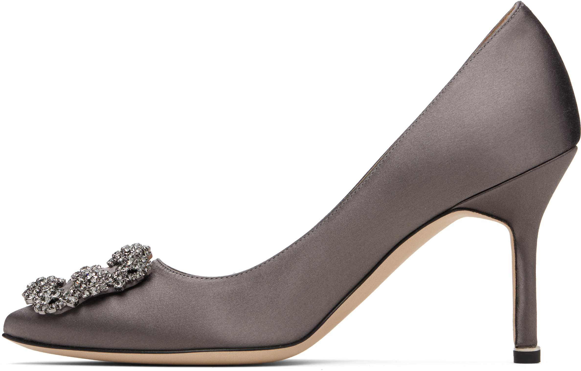 Manolo Blahnik Hangisi Pumps In Satin With Jewel Buckle In Gray