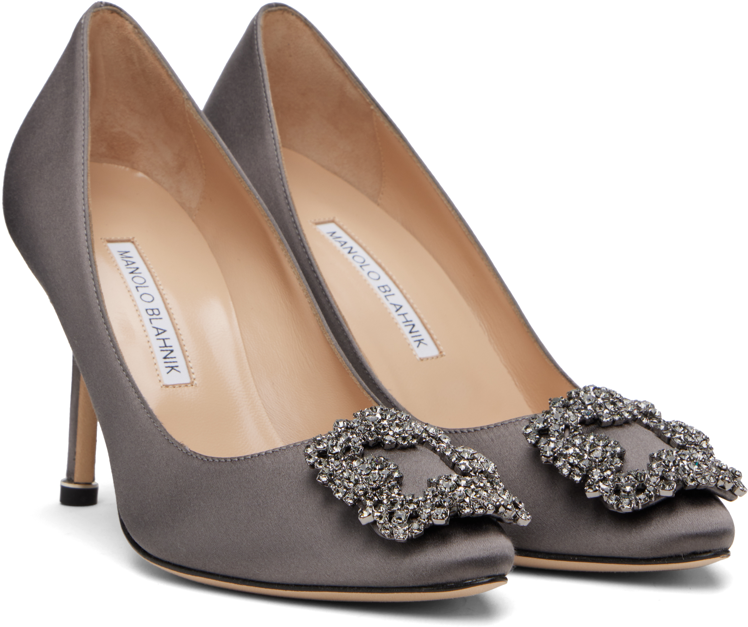 Manolo Blahnik Hangisi Pumps In Satin With Jewel Buckle In Gray