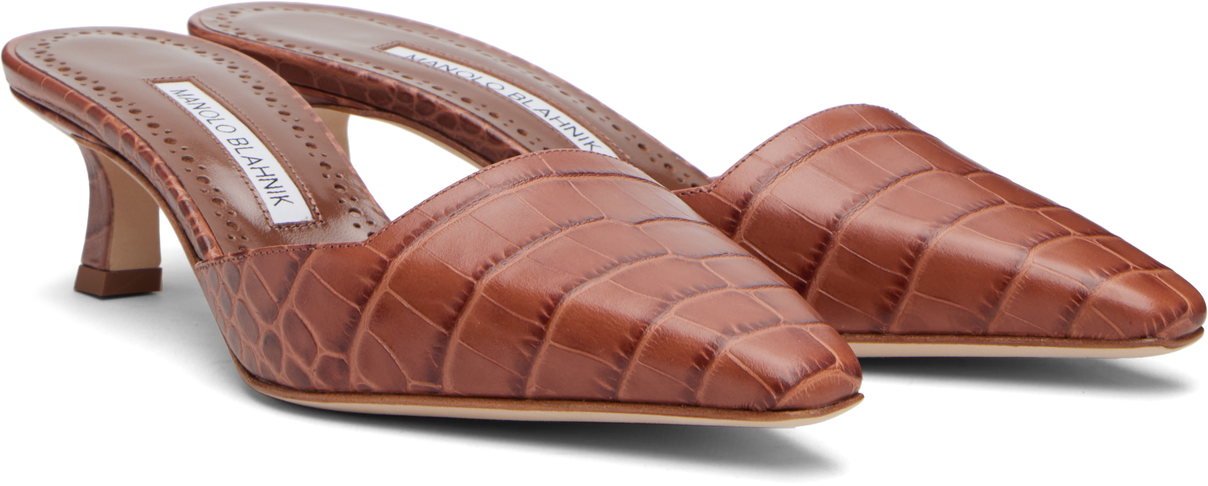 Manolo Blahnik Crocodile-embossed Mules In Brown