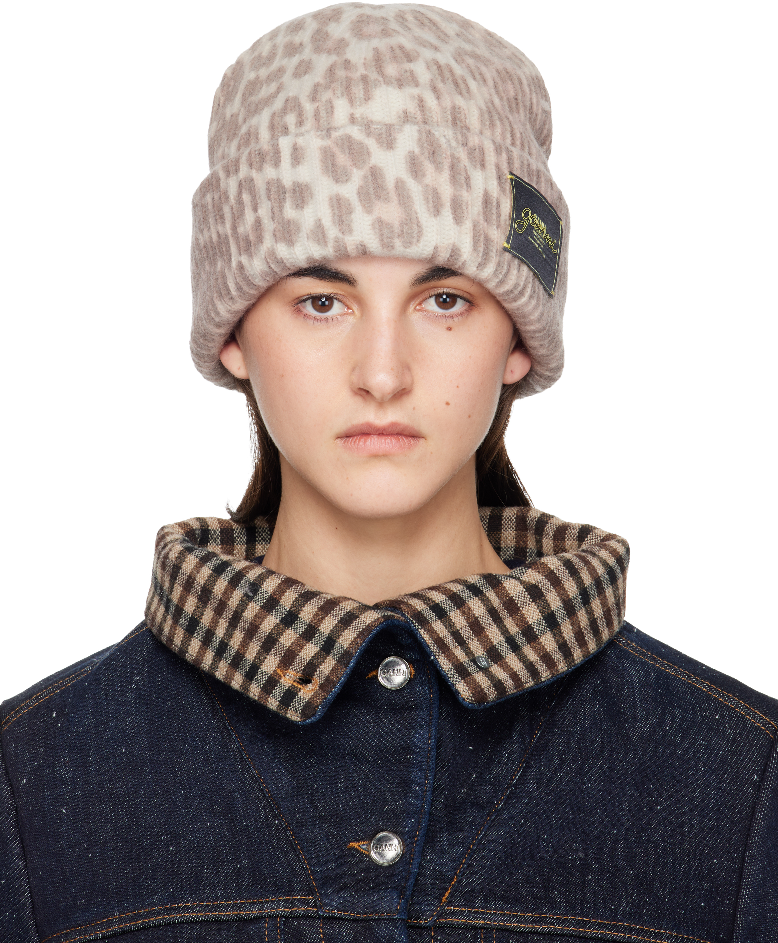 Ganni Beige Oversized Wool Rib Knit Beanie In Brown