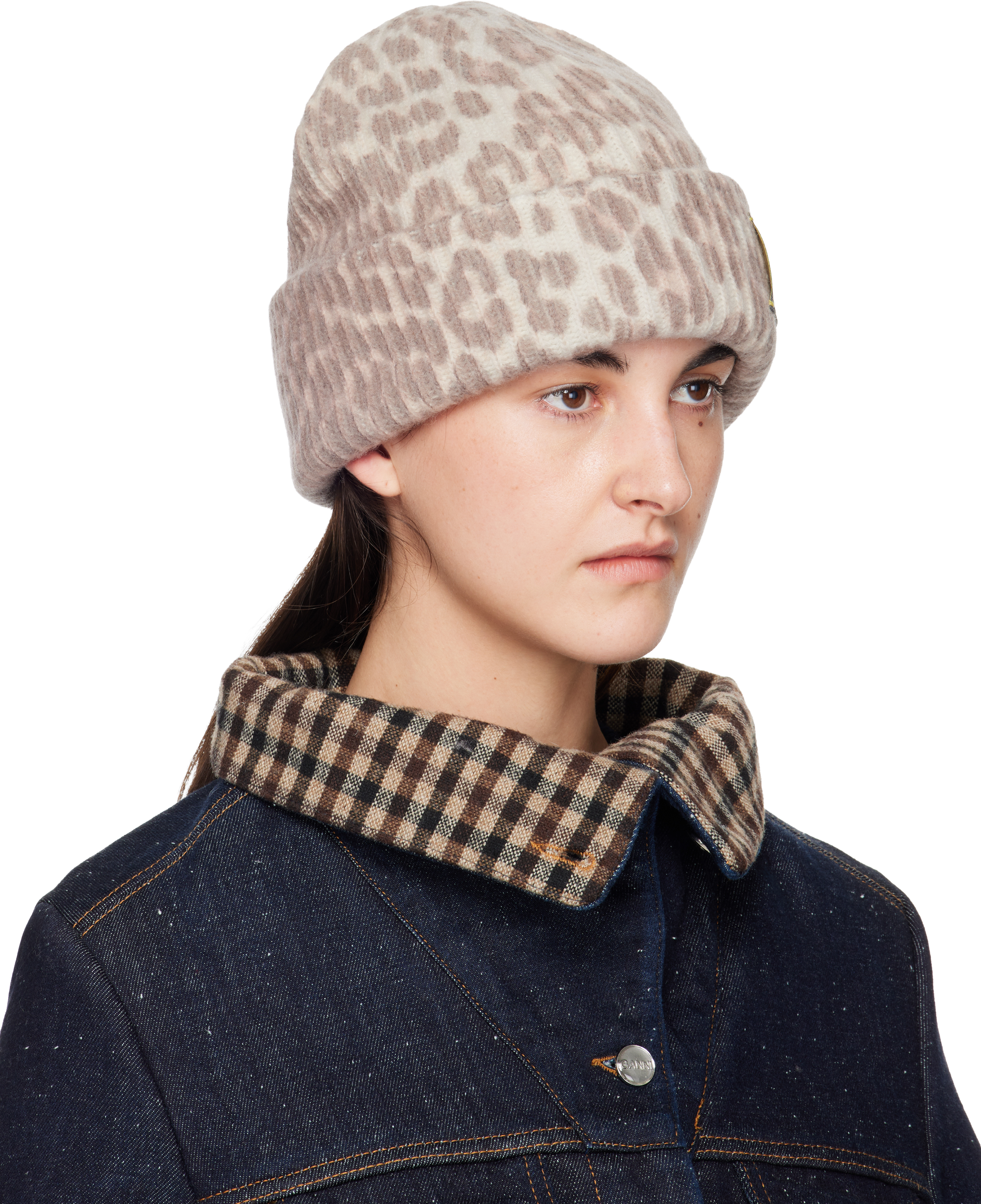Ganni Beige Oversized Wool Rib Knit Beanie In Brown