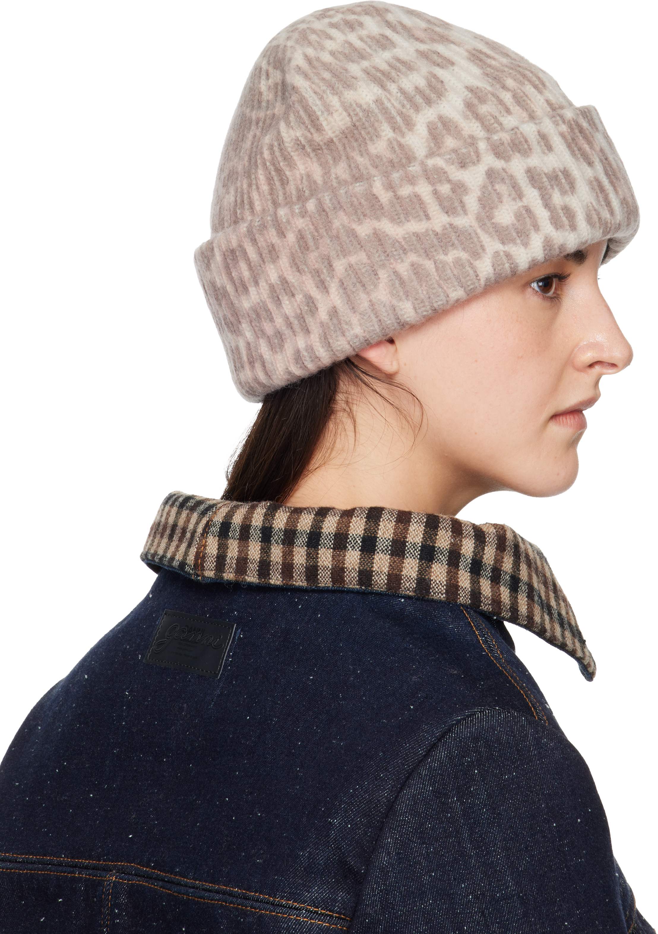 Ganni Beige Oversized Wool Rib Knit Beanie In Brown