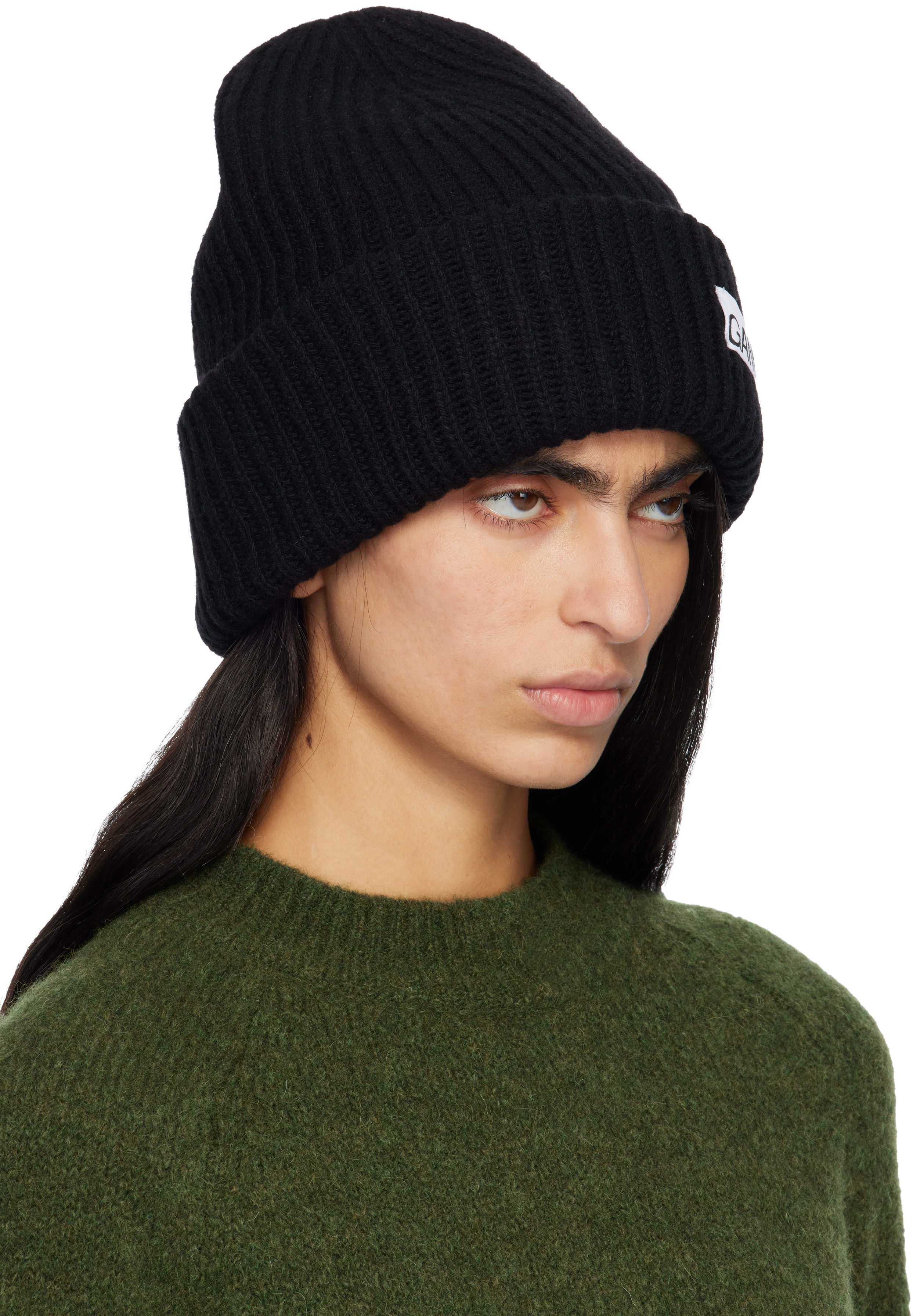 Ganni Black Oversized Wool Rib Knit Beanie In Black