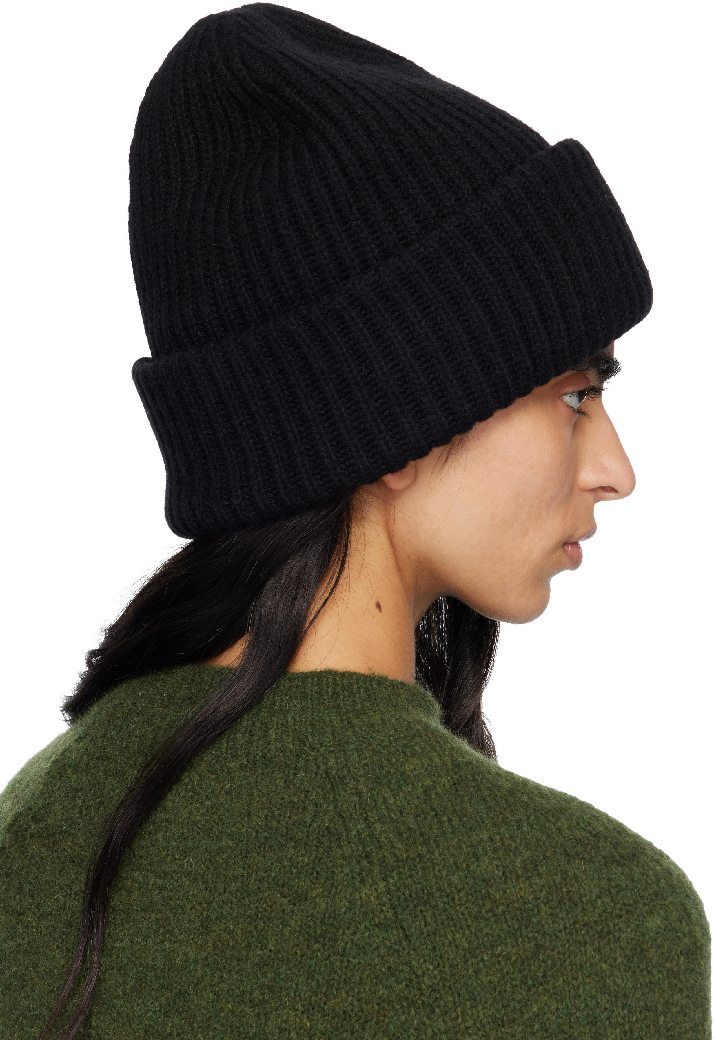 Ganni Black Oversized Wool Rib Knit Beanie In Black